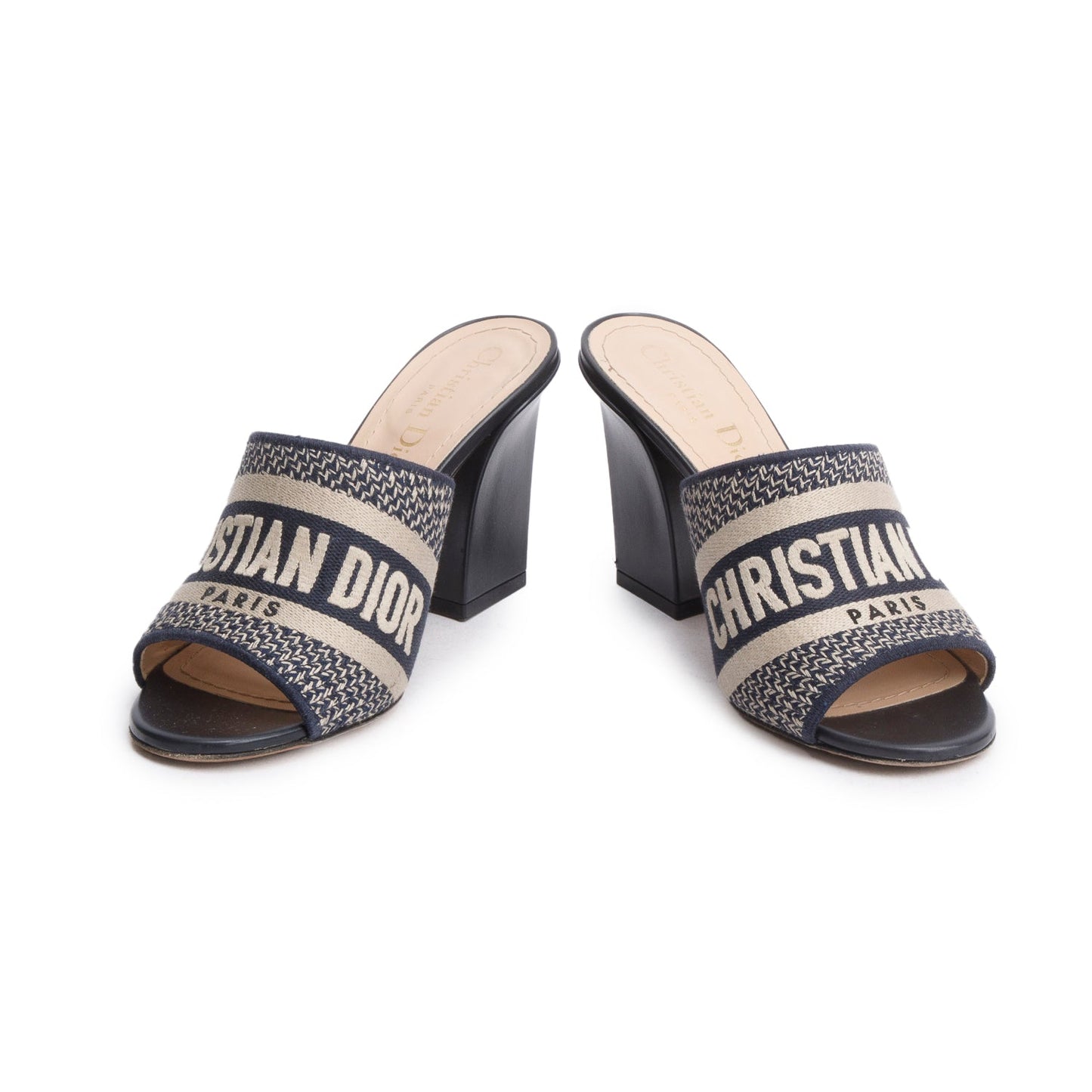 Christian Dior Deep Blue Embroidered Cotton Heeled Dway Slide, Size 35