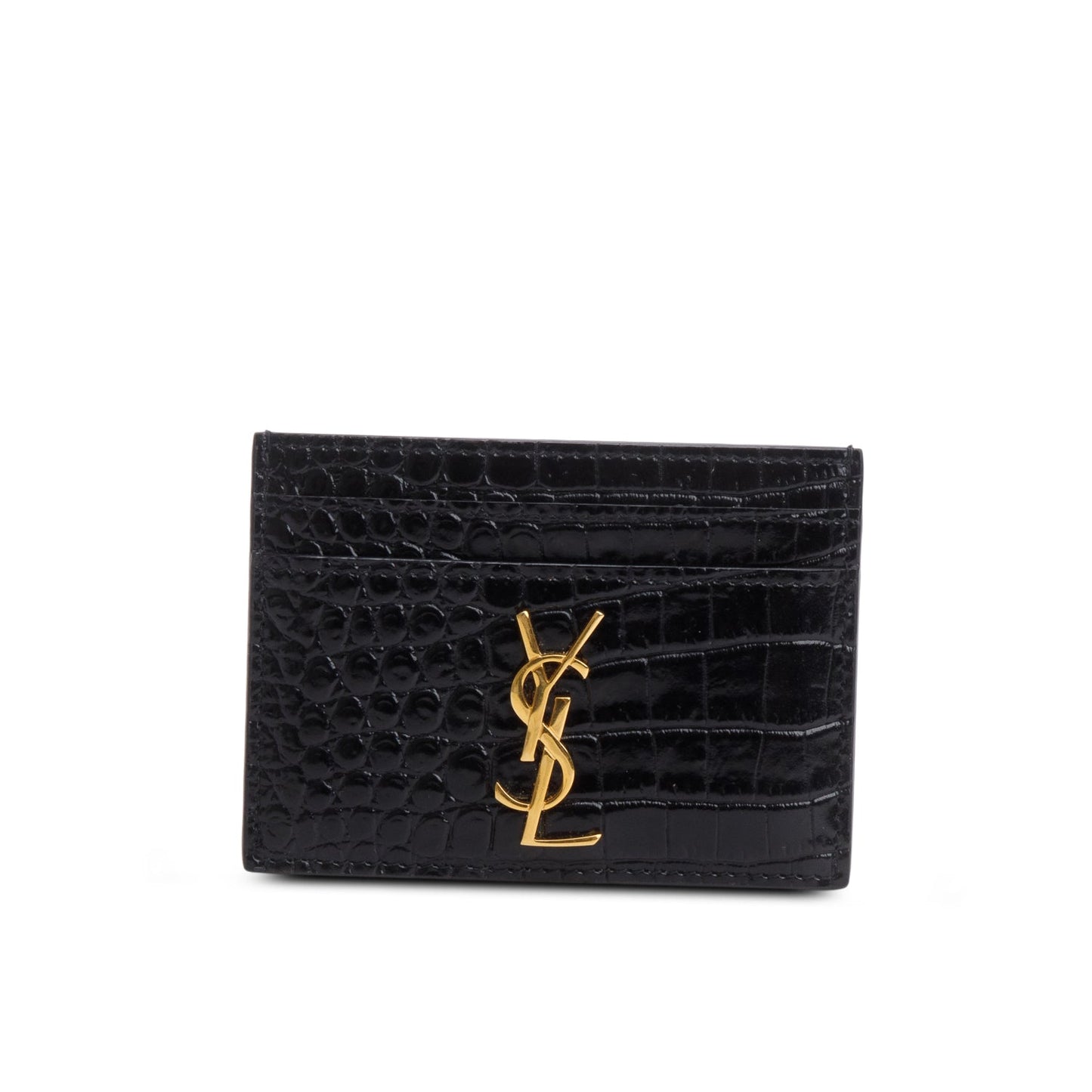 Saint Laurent Crocodile Embossed Leather Cassandre Card Holder