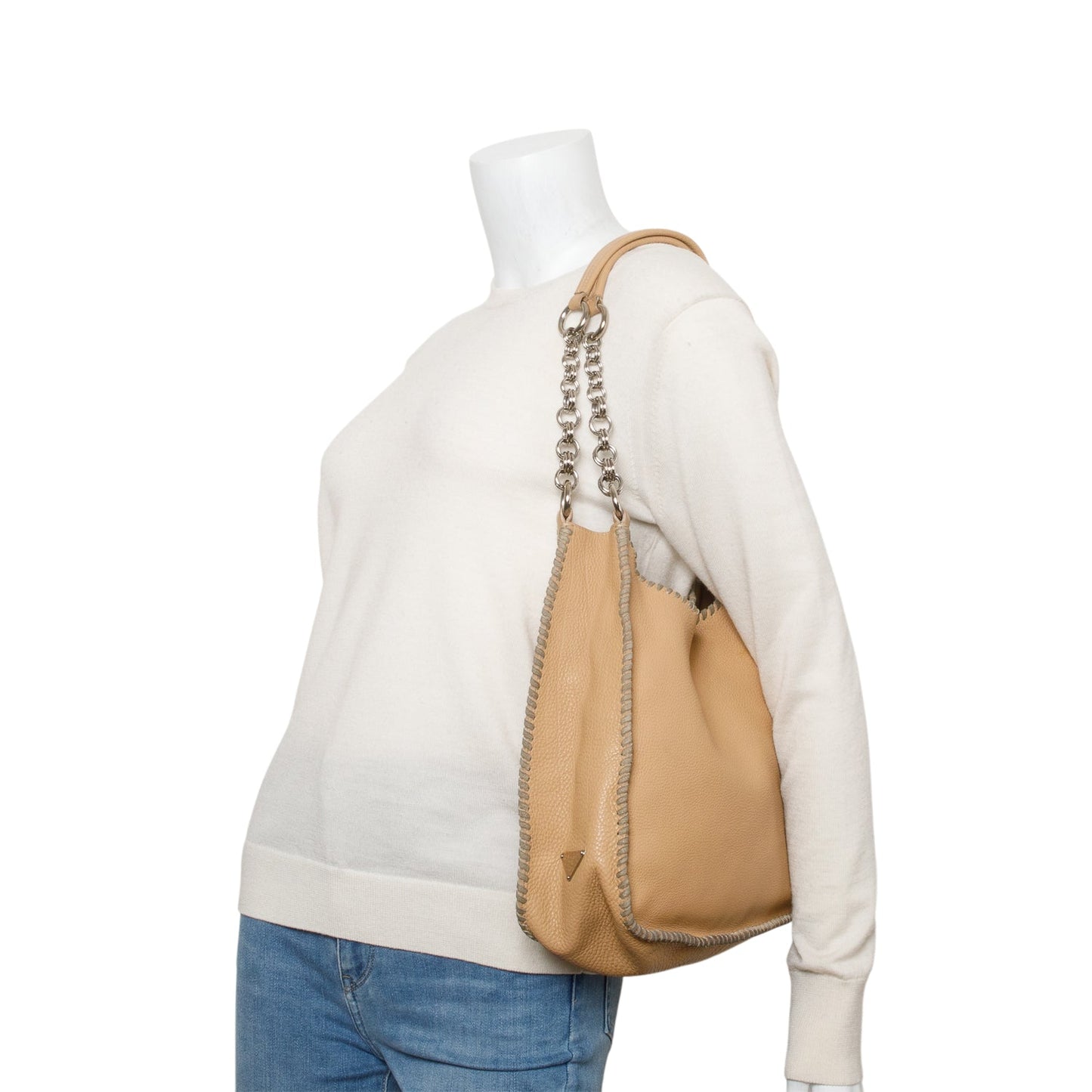 Prada Brown Vitello Daino Whipstitch Chain Hobo
