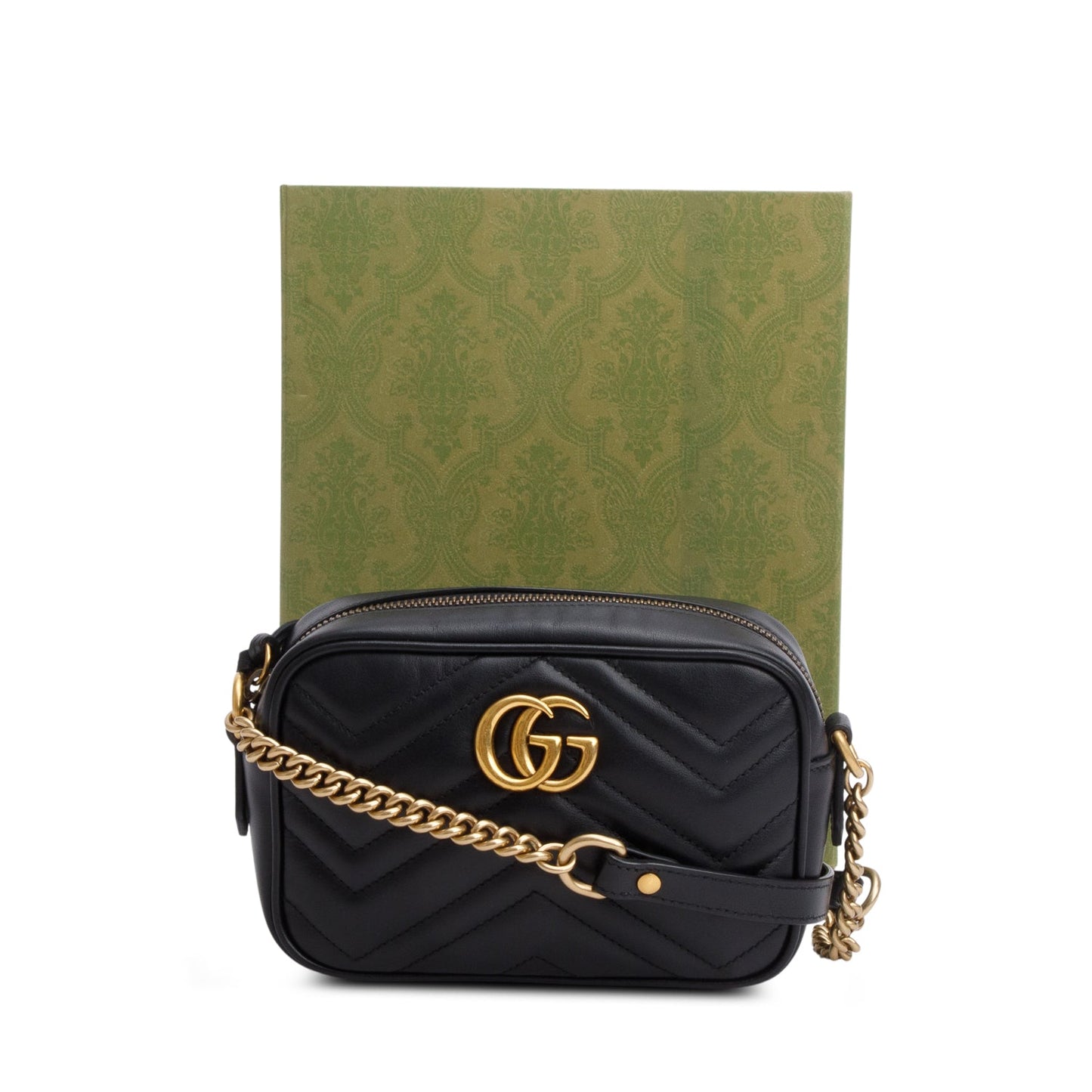 Gucci Black Calfskin Matelasse Mini GG Marmont Chain Shoulder Bag