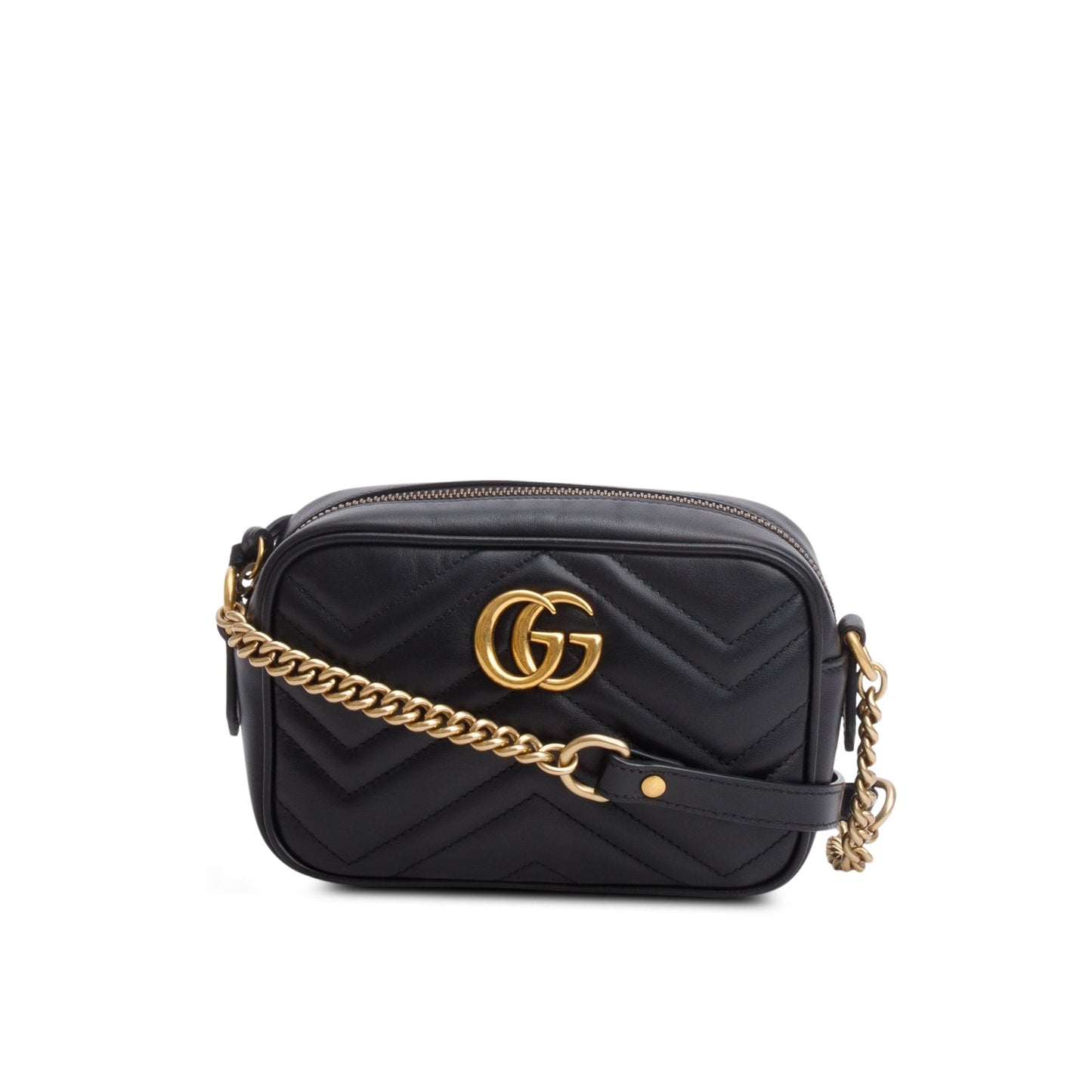 Gucci Black Calfskin Matelasse Mini GG Marmont Chain Shoulder Bag