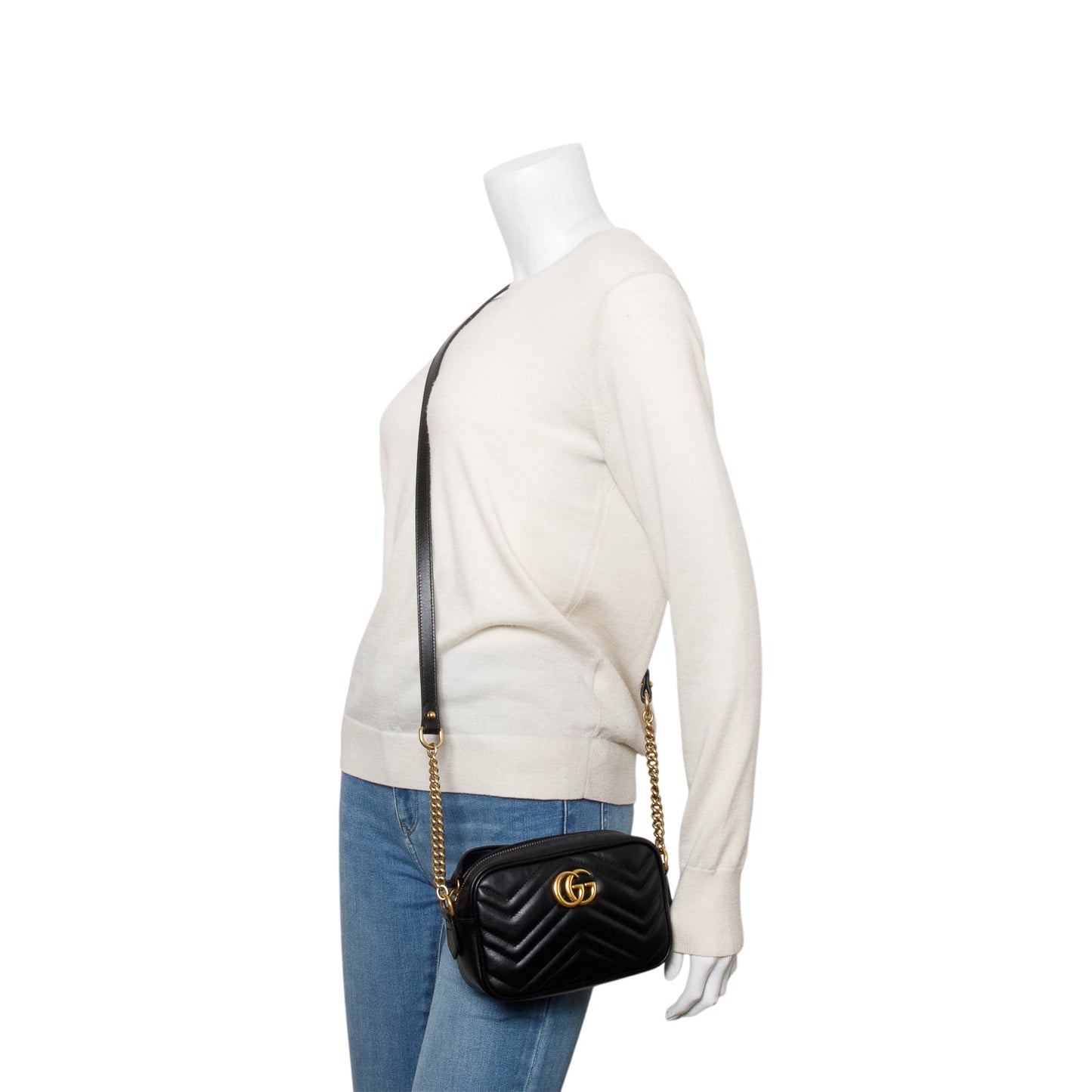 Gucci Black Calfskin Matelasse Mini GG Marmont Chain Shoulder Bag