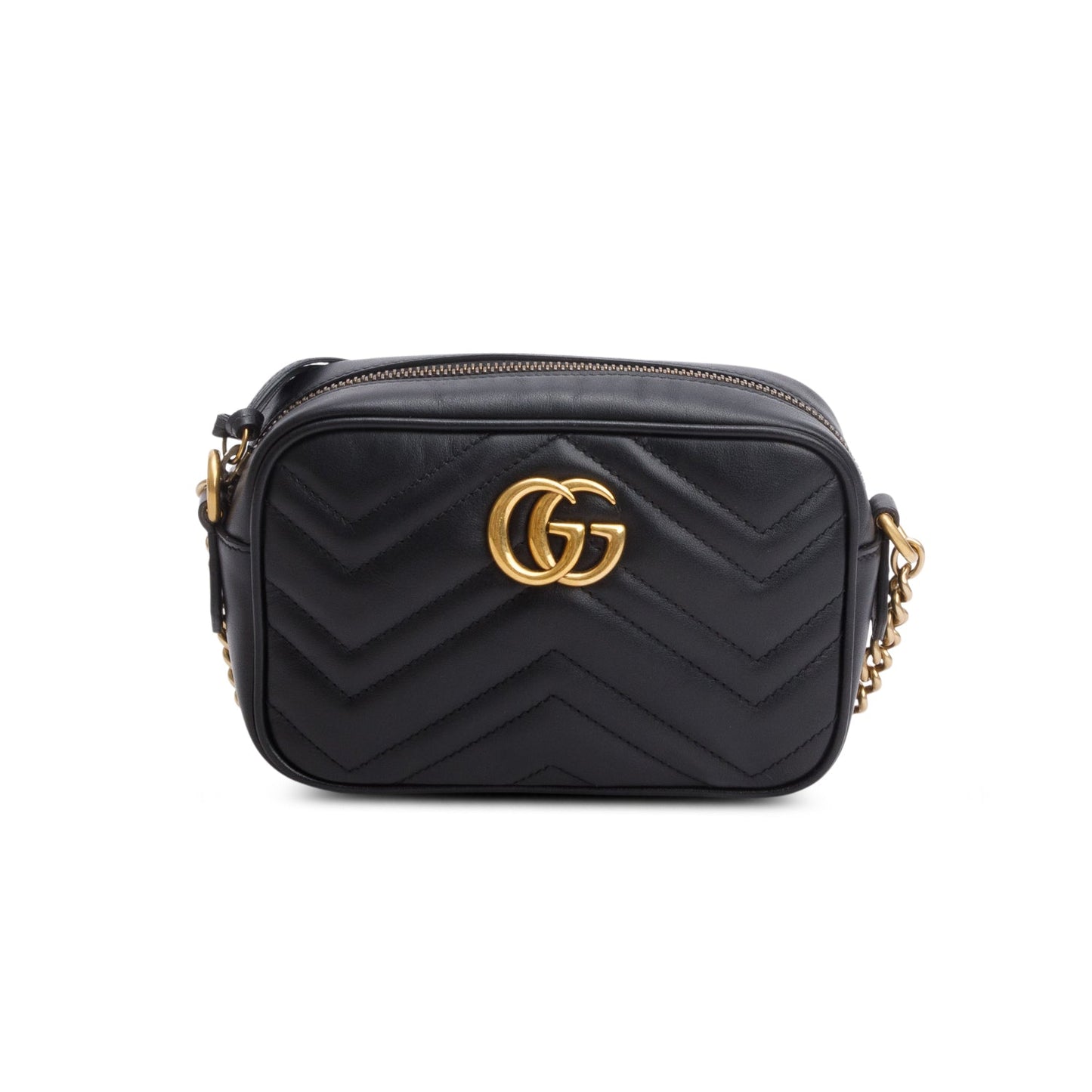 Gucci Black Calfskin Matelasse Mini GG Marmont Chain Shoulder Bag