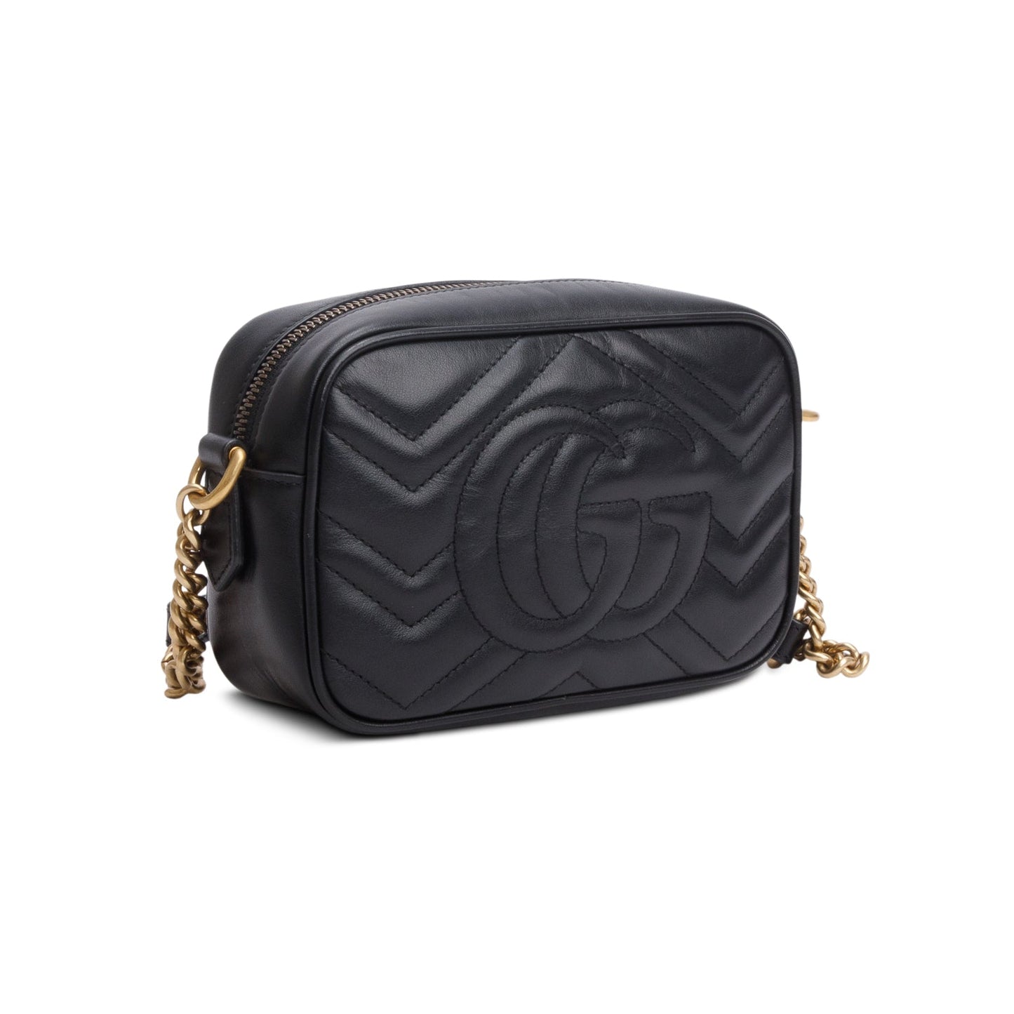 Gucci Black Calfskin Matelasse Mini GG Marmont Chain Shoulder Bag