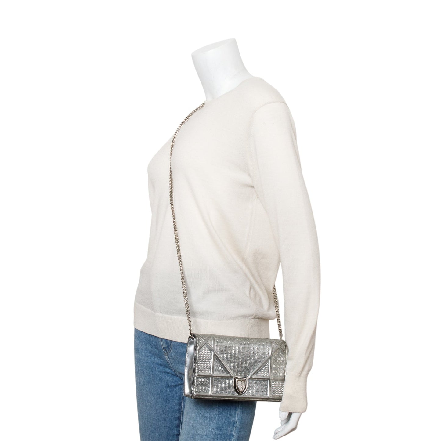 Christian Dior Silver Metallic Patent Calfskin Micro-Cannage Diorama Wallet on Chain