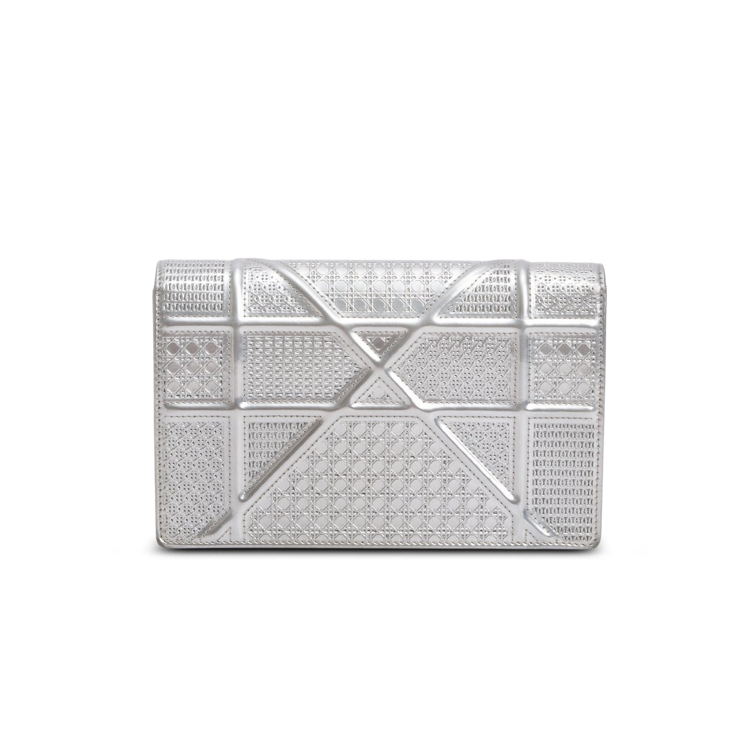 Christian Dior Silver Metallic Patent Calfskin Micro-Cannage Diorama Wallet on Chain