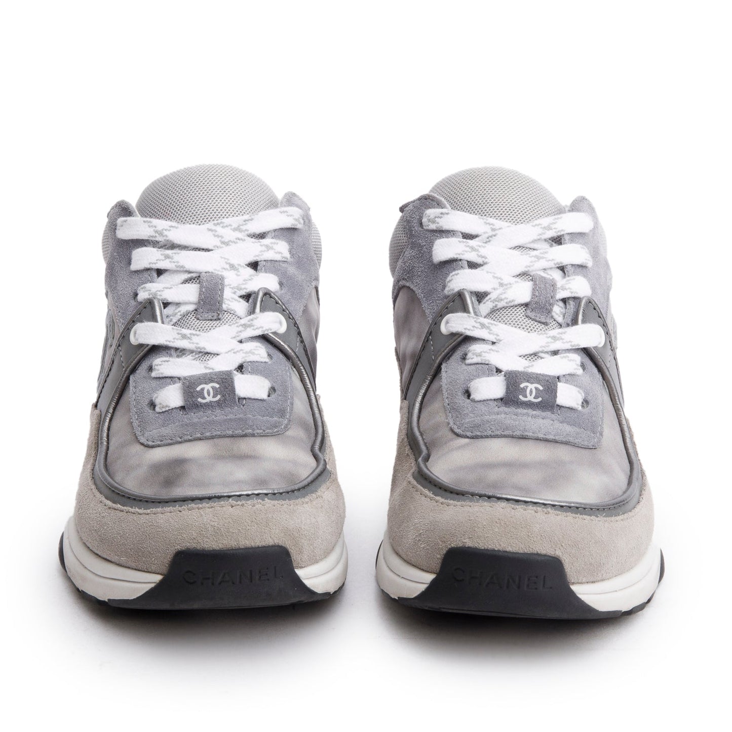 Chanel Grey Interlocking CC Logo Suede Sneakers, Size 35.5