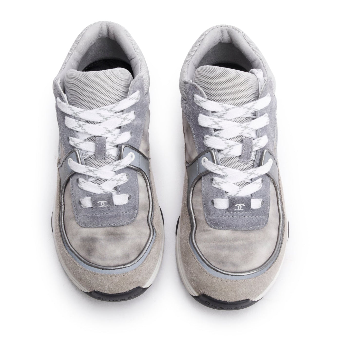 Chanel Grey Interlocking CC Logo Suede Sneakers, Size 35.5