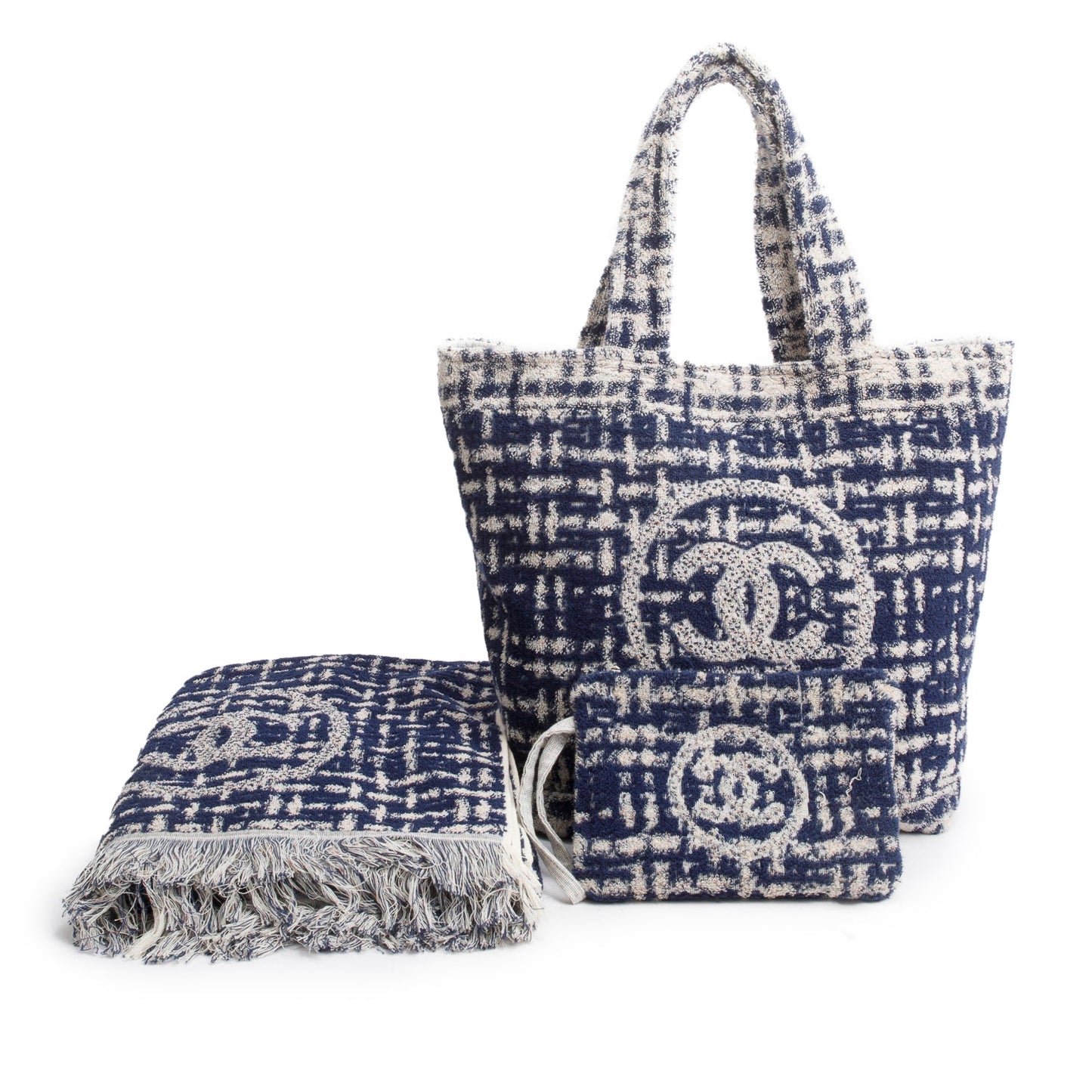 Chanel 2023 Blue Terry Cloth CC Beach Tote Set