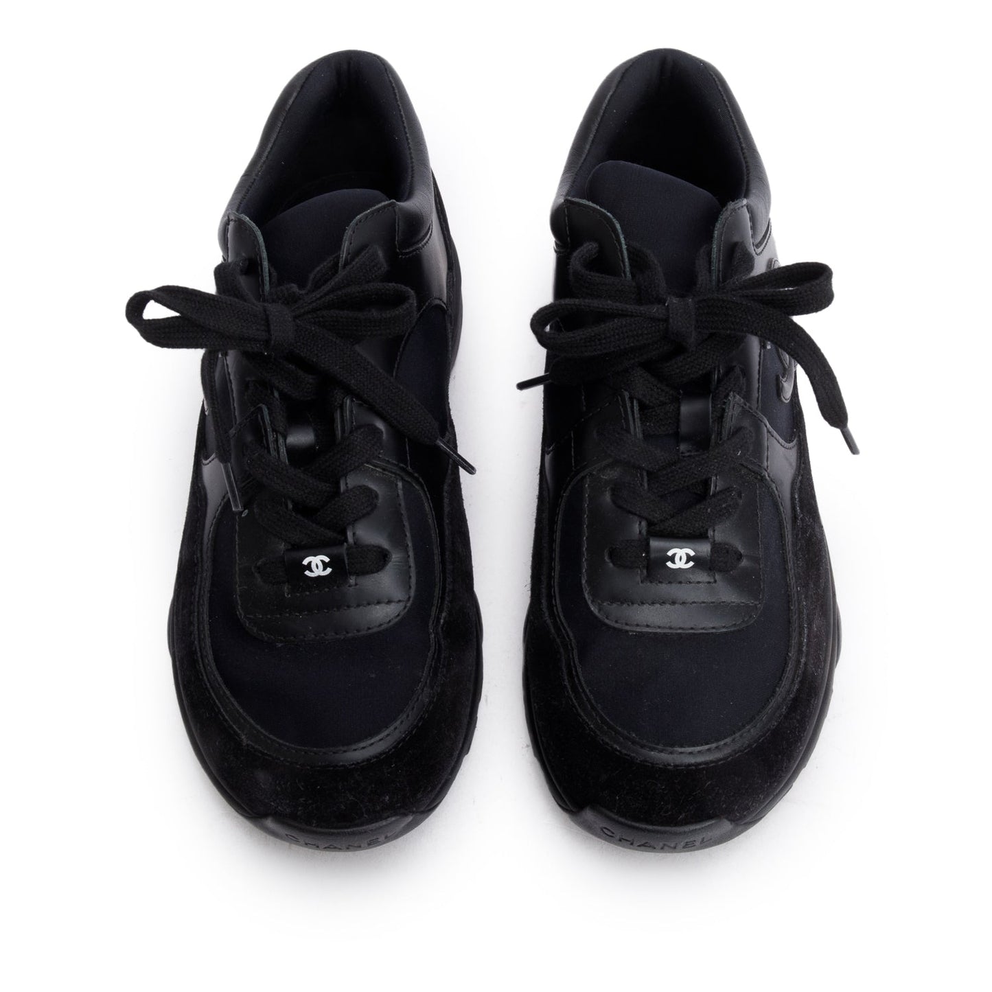 Chanel Black Calfskin Suede CC Logo Sneakers, Size 38