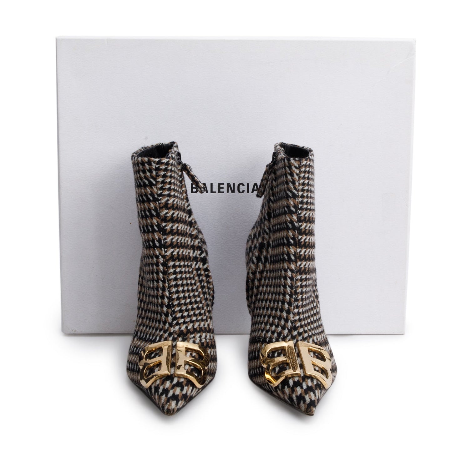 Balenciaga Black/Beige Houndstooth Wool BB Logo Knife Pointy Toe Ankle Boots, Size 37.5
