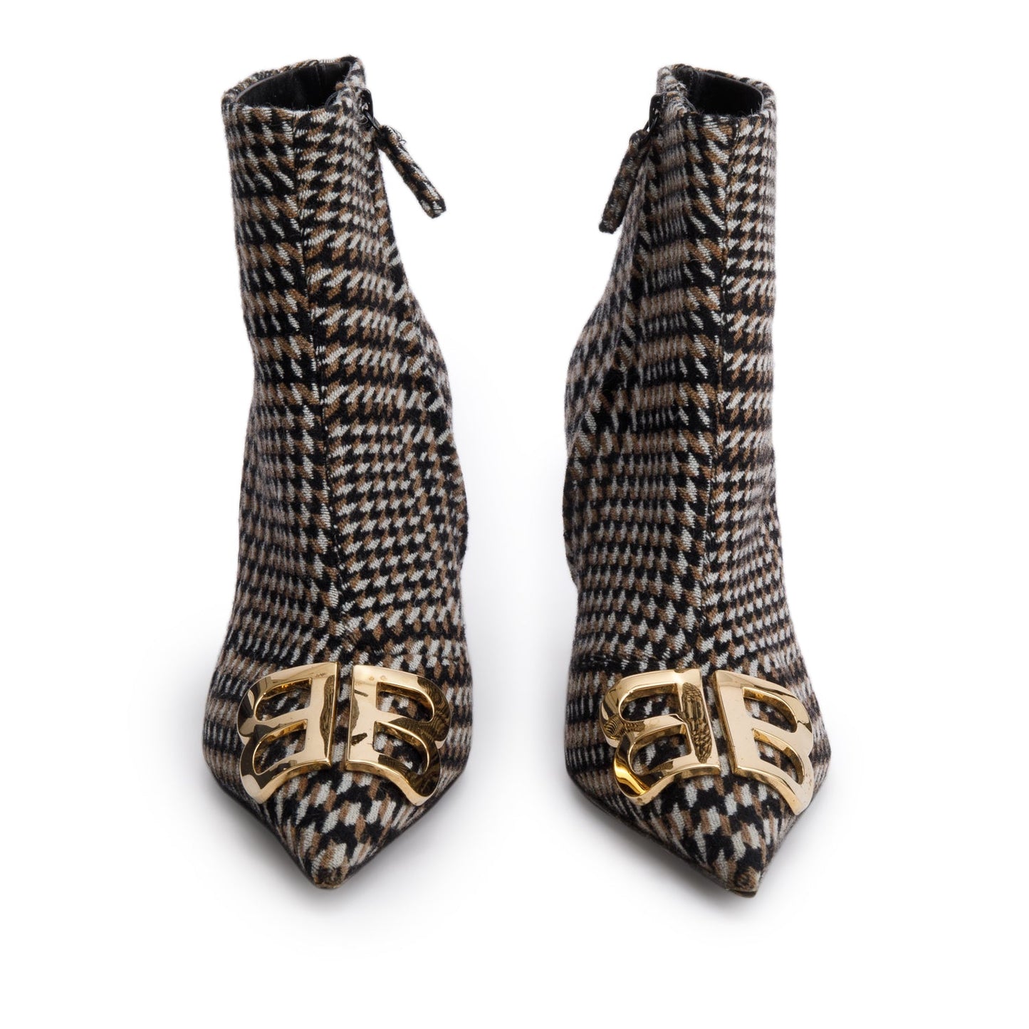 Balenciaga Black/Beige Houndstooth Wool BB Logo Knife Pointy Toe Ankle Boots, Size 37.5