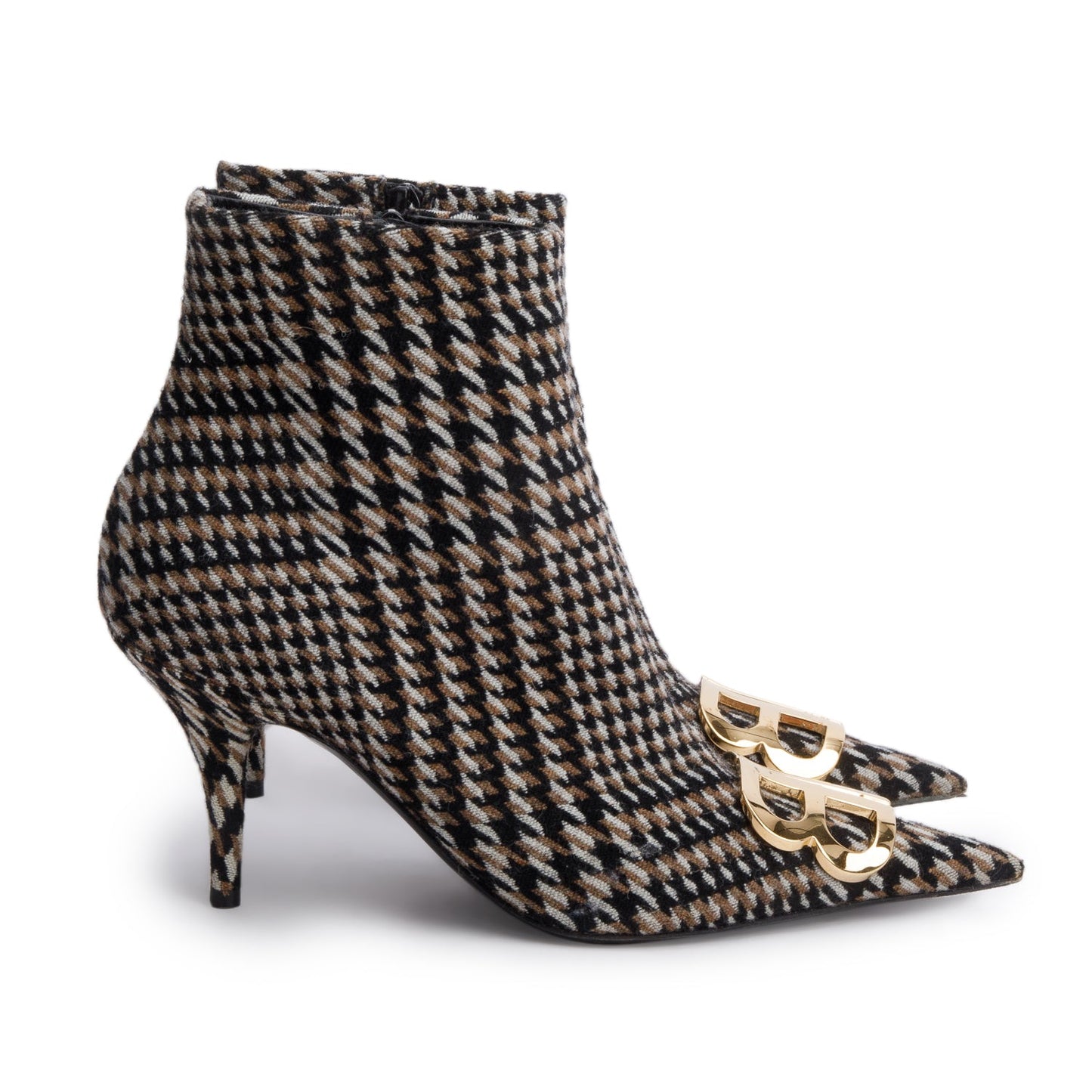Balenciaga Black/Beige Houndstooth Wool BB Logo Knife Pointy Toe Ankle Boots, Size 37.5