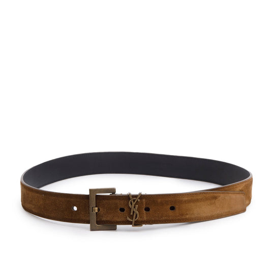 Saint Laurent 2020 Brown Suede Square Buckle Cassandre Belt 80