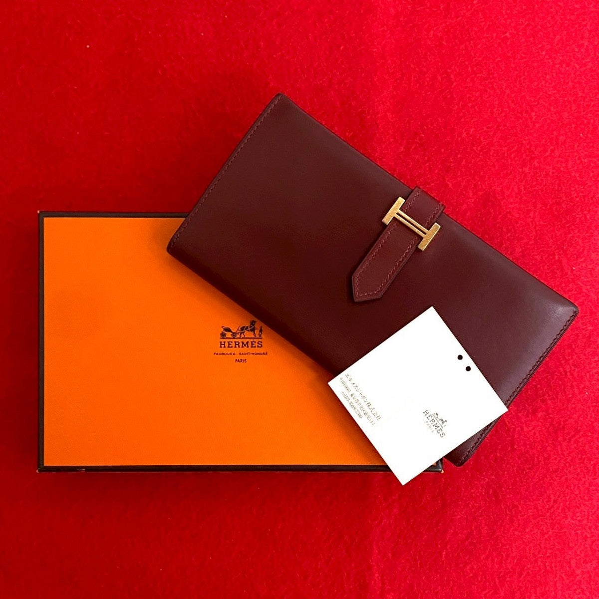 HERMES Long Wallet Purse Box scarf Red Bean