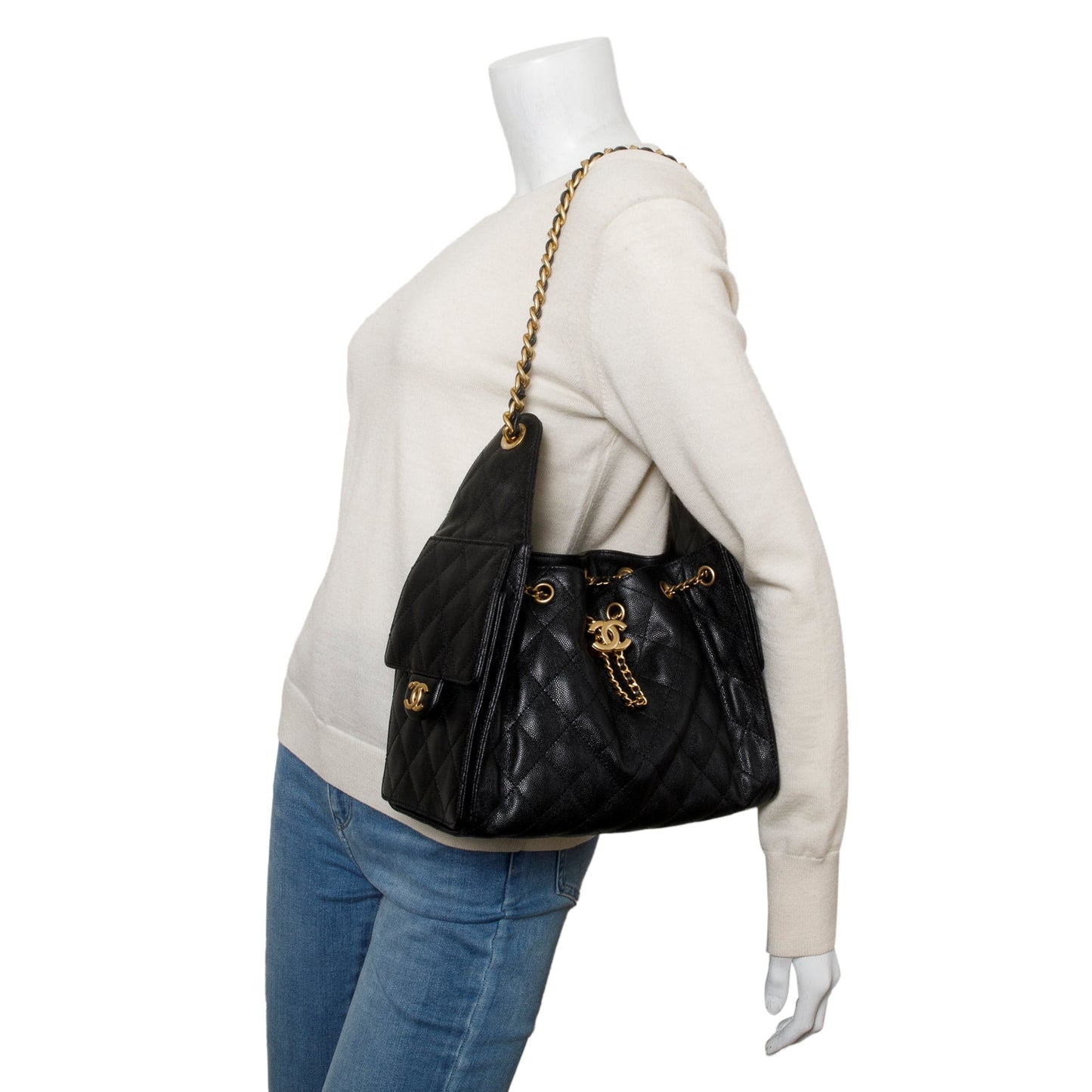 Chanel 2025 Black Caviar Leather 25 Small Bucket Bag