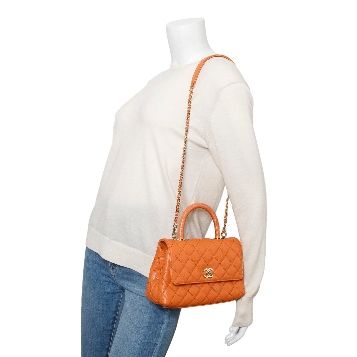 Chanel Orange Caviar Quilted Mini Coco Handle Flap