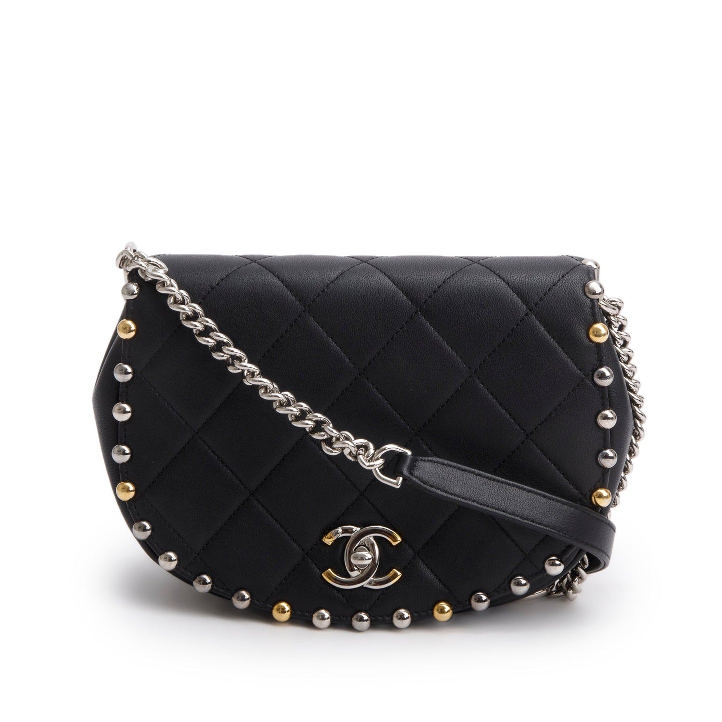 Chanel Black Lambskin Quilted Small Studded Bubble Flap