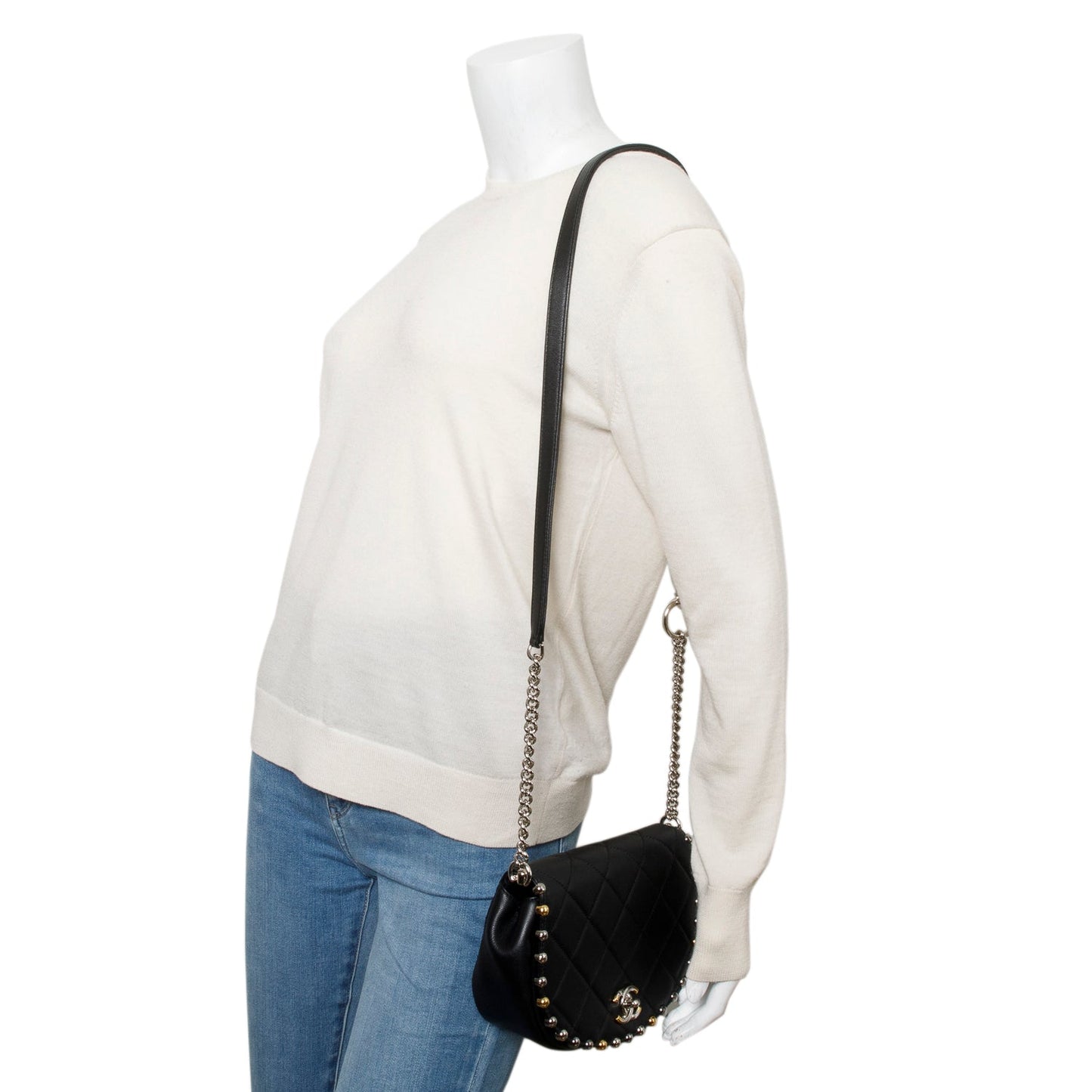 Chanel Black Lambskin Quilted Small Studded Bubble Flap