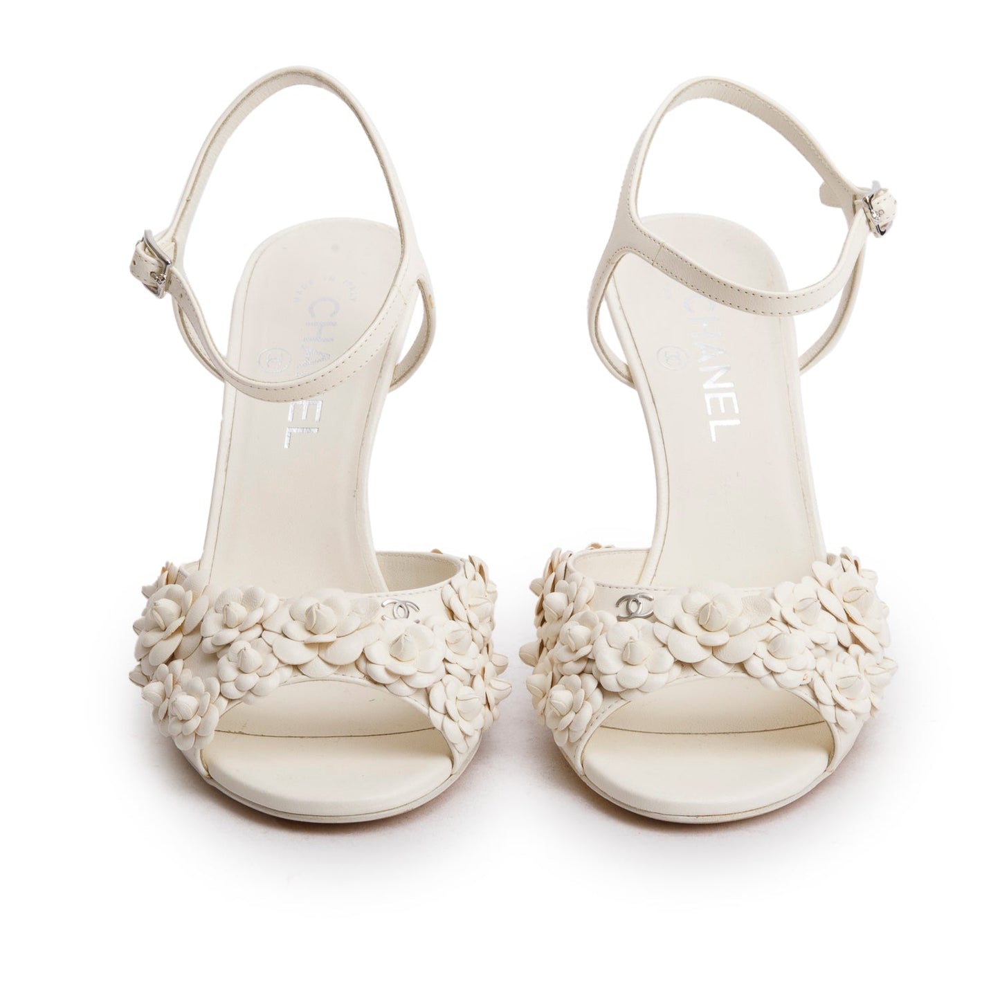 Chanel White Leather CC Camellia Slingback Sandals, Size 38.5
