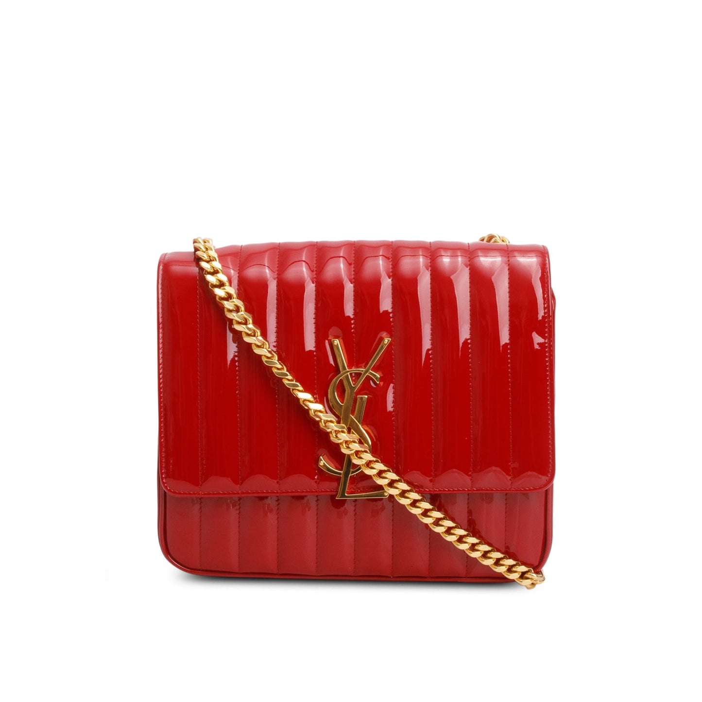 Saint Laurent Red Patent Leather Matelasse Monogram Large Vicky Chain Bag