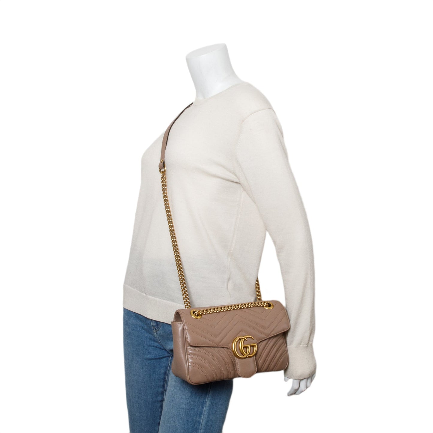 Gucci Taupe Leather GG Marmont Small Shoulder Bag