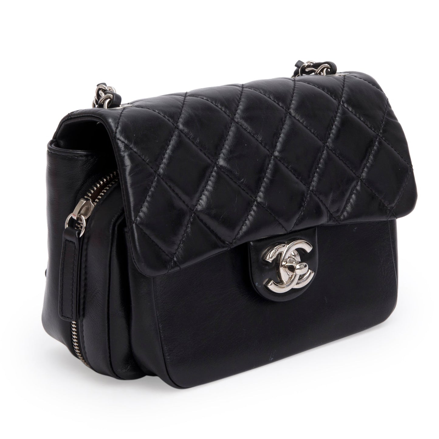 Chanel Black Aged Calfskin Quilted Express Zip Around Flap