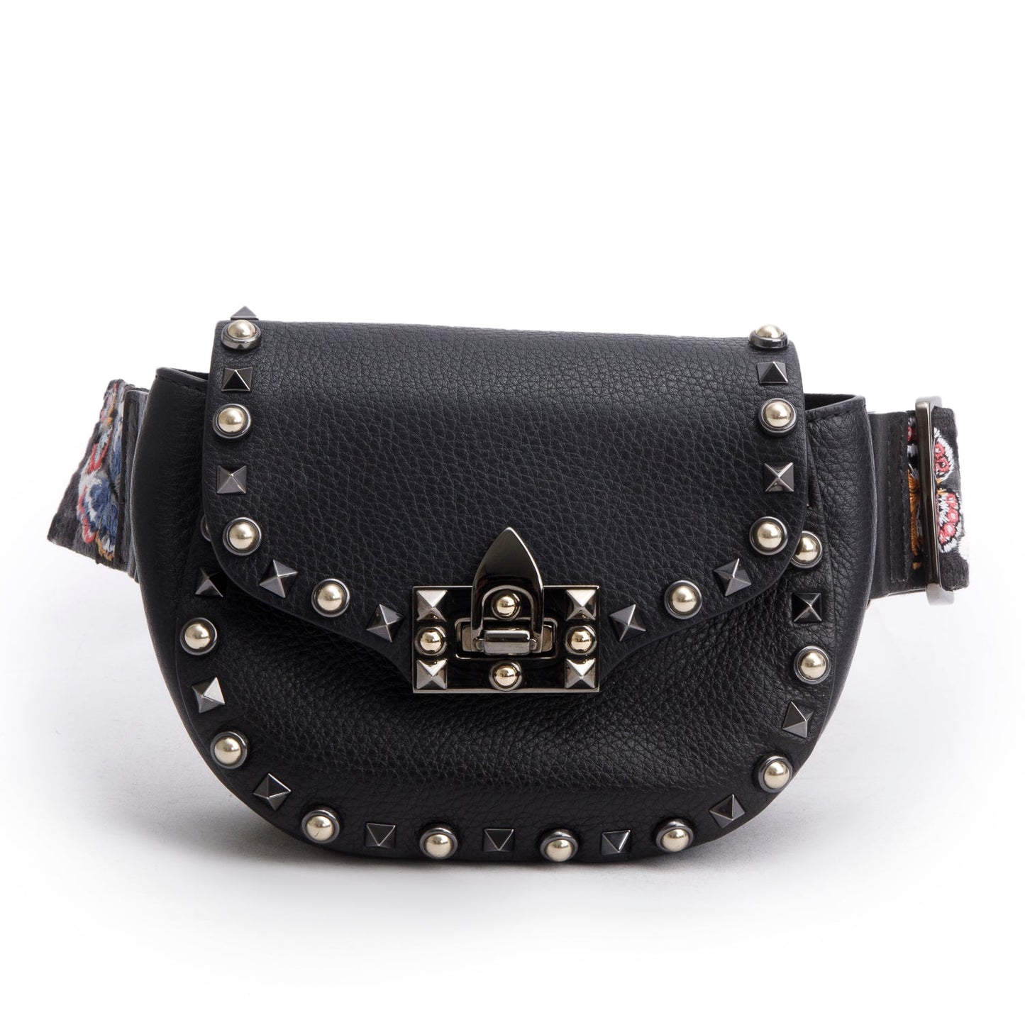 Valentino Black Leather Guitar Strap Rockstud Rolling Belt Bag