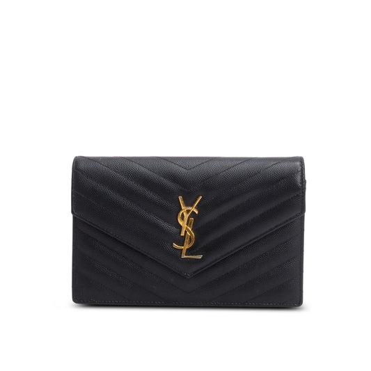 Saint Laurent 2023 Black Grain de Poudre Matelasse Chevron Envelope Wallet