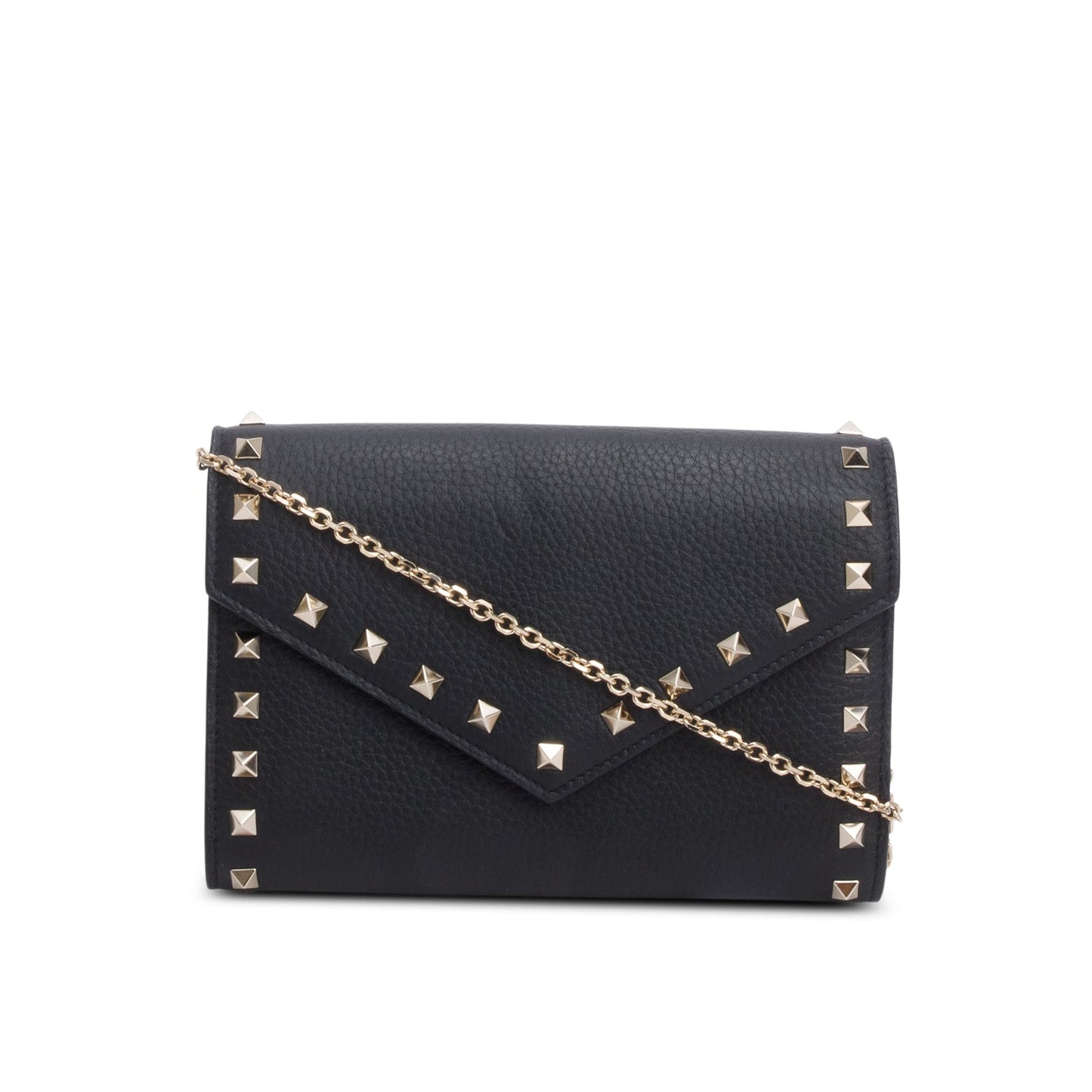 Valentino Black Pebbled Leather Calfskin Rockstud Envelope Wallet on Chain
