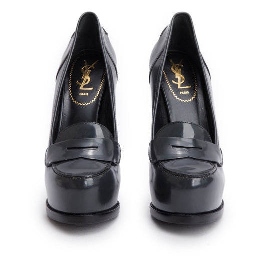 Saint Laurent Grey Leather Loafer-Style Tribtoo 140 Pumps, Size 39.5