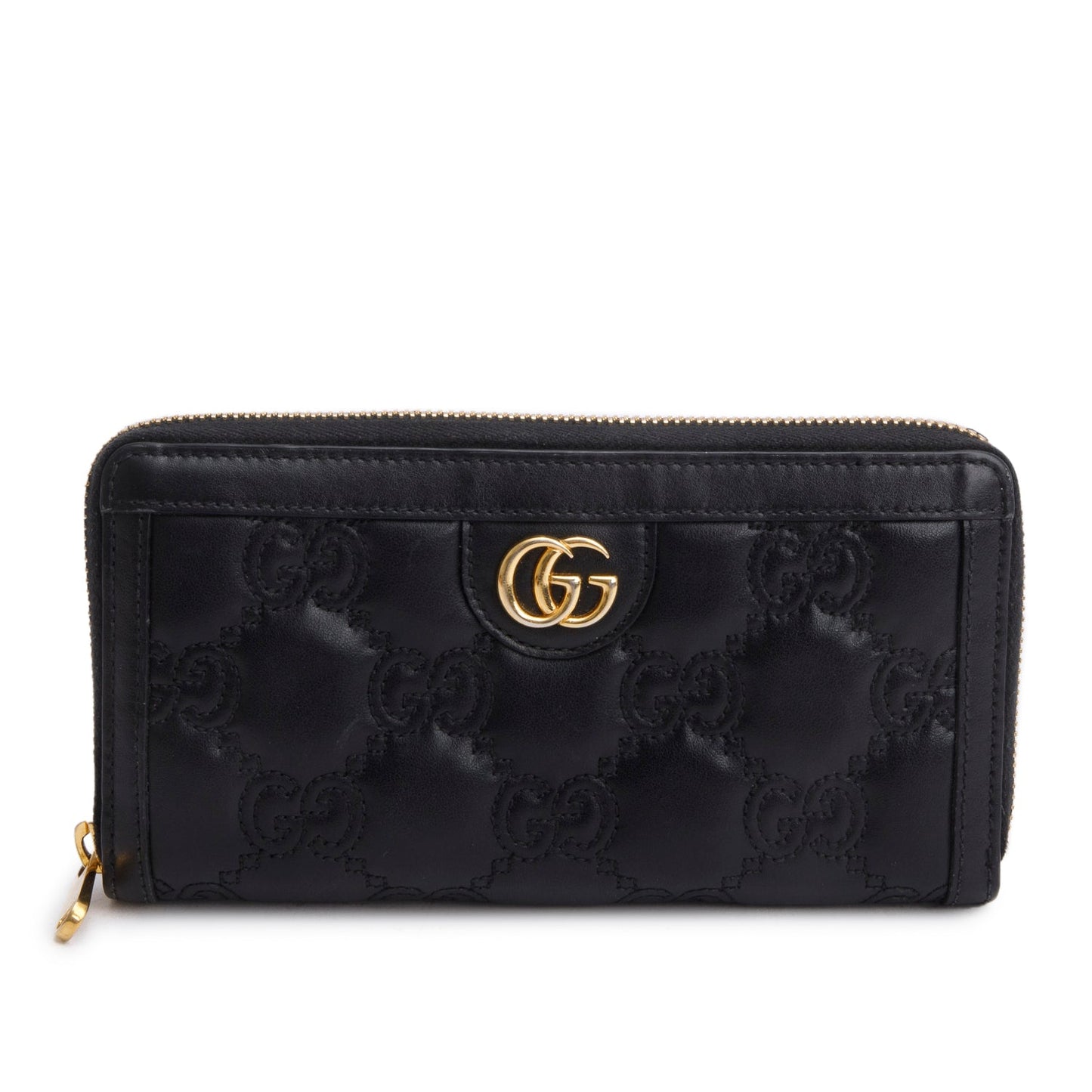 Gucci Black Calfskin GG Matelasse Marmont Zip Around Wallet