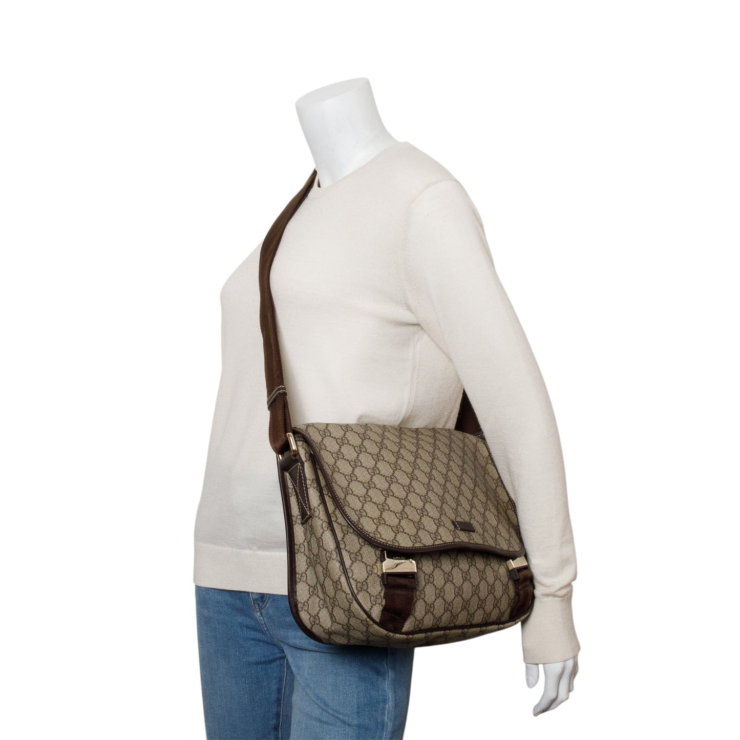 Gucci GG Supreme Double Buckle Flap Messenger Bag