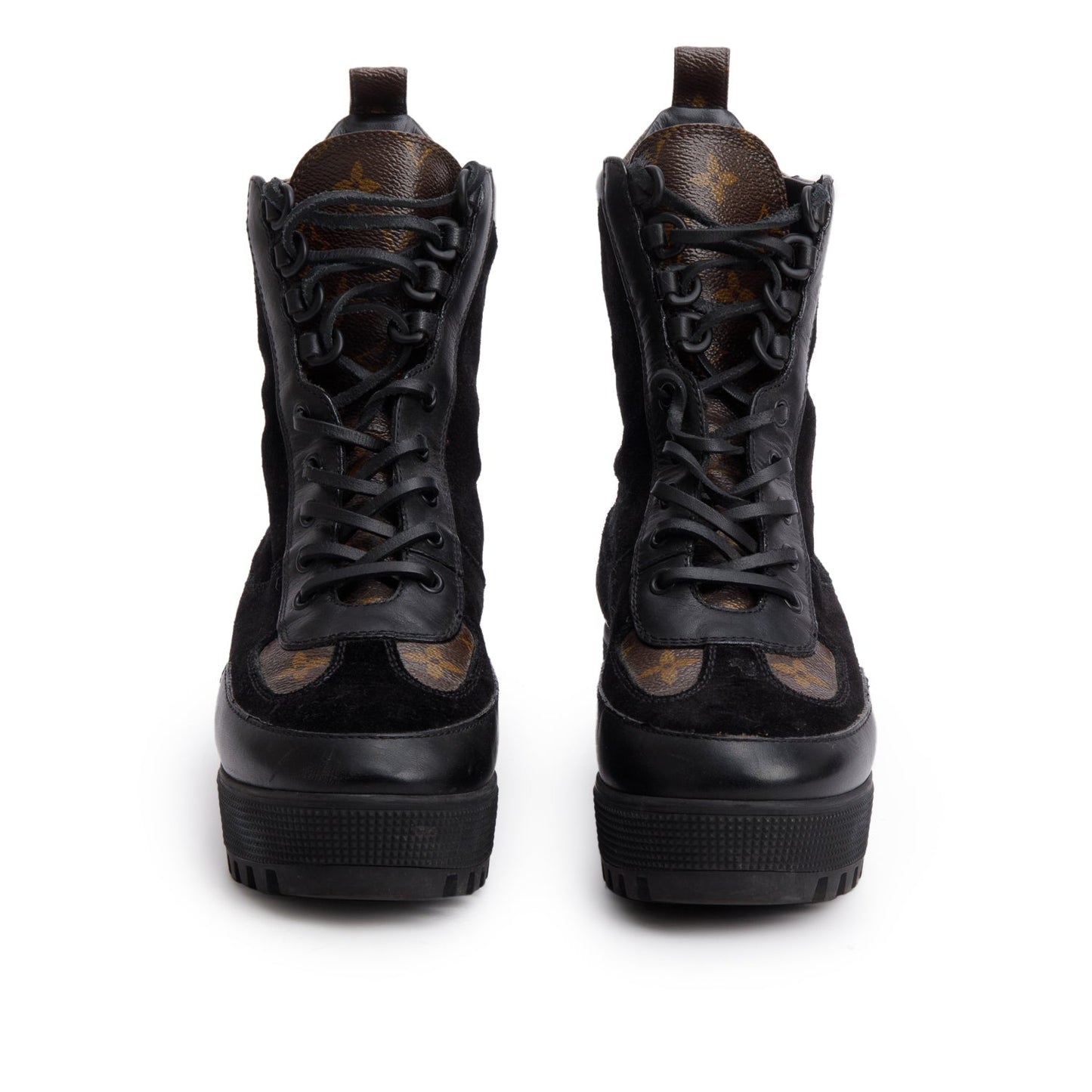 Louis Vuitton 2021 Black Leather/Suede Monogram Trim Laurette Platform Desert Ankle Boots, Size 38