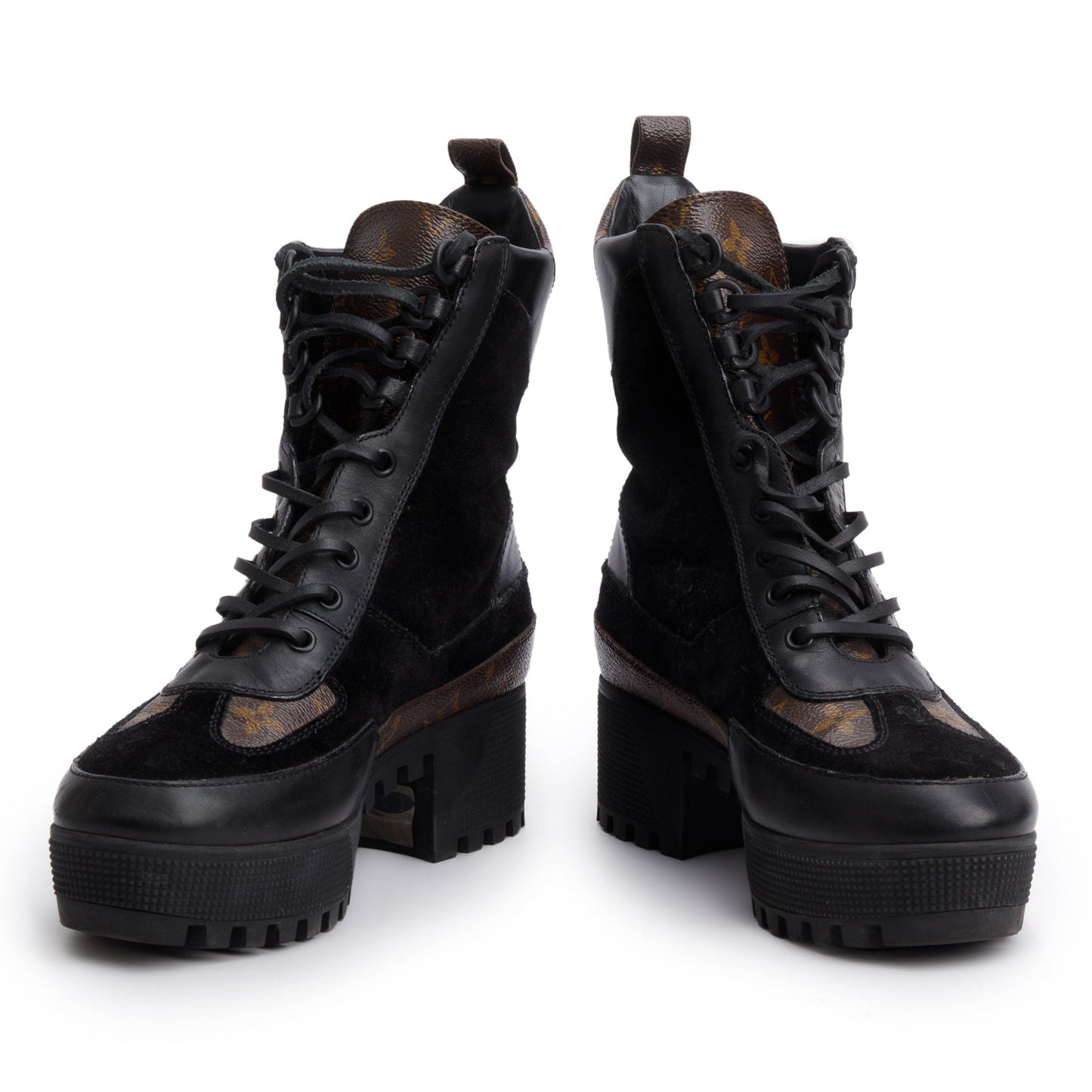 Louis Vuitton 2021 Black Leather/Suede Monogram Trim Laurette Platform Desert Ankle Boots, Size 38