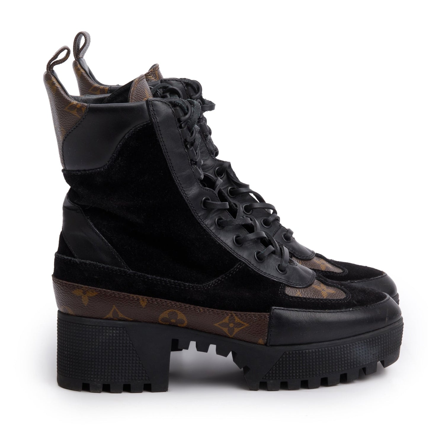 Louis Vuitton 2021 Black Leather/Suede Monogram Trim Laurette Platform Desert Ankle Boots, Size 38