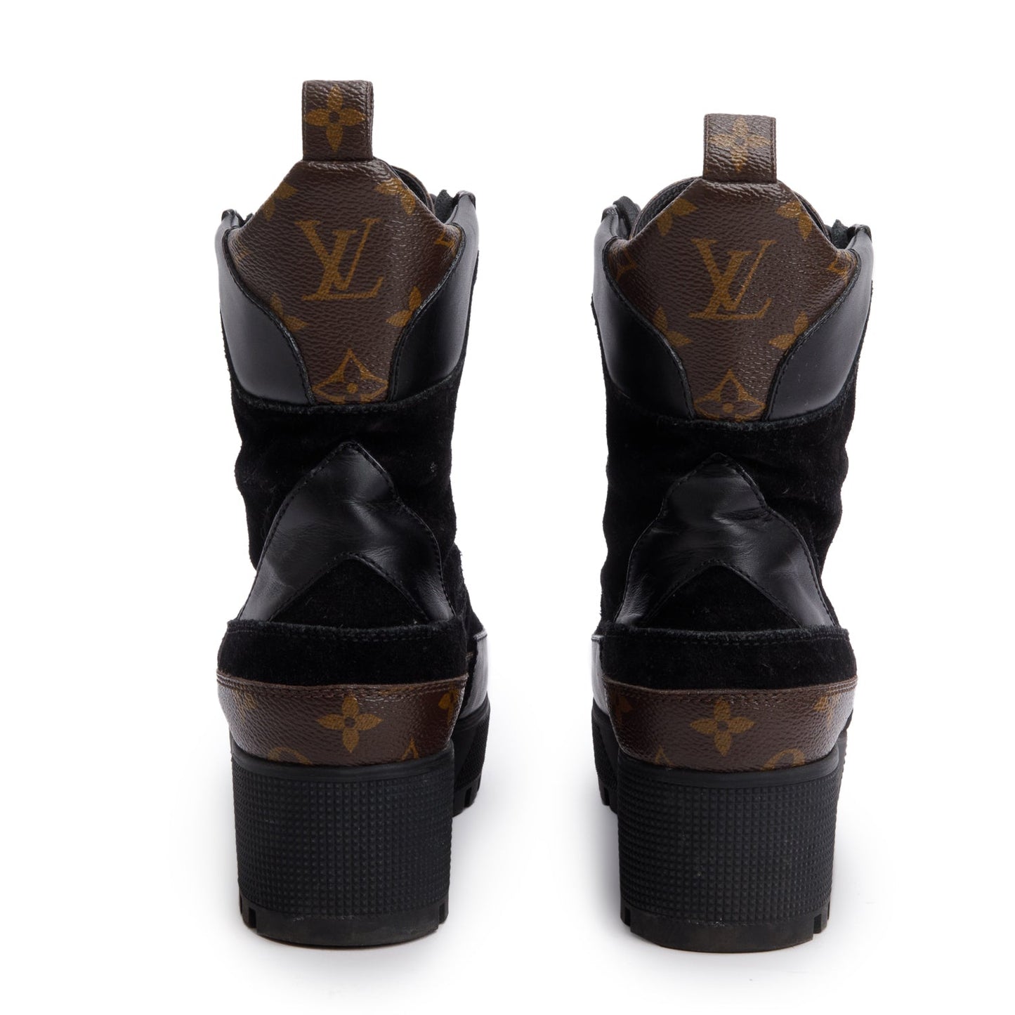 Louis Vuitton 2021 Black Leather/Suede Monogram Trim Laurette Platform Desert Ankle Boots, Size 38