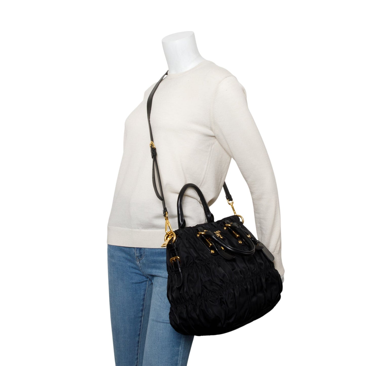 Prada Black Leather-Trimmed Tessuto Gaufre Tote