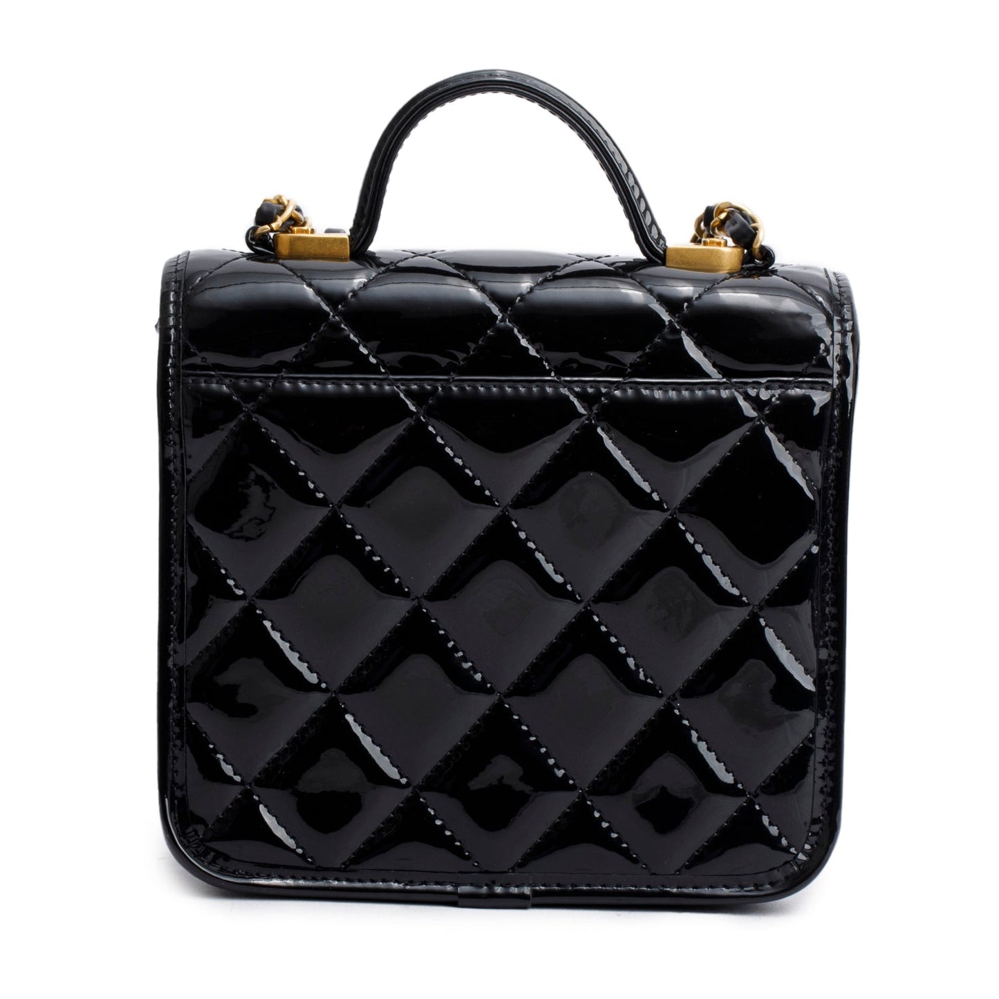 Chanel Black Patent Leather Quilted Mini School Memory Top Handle Bag
