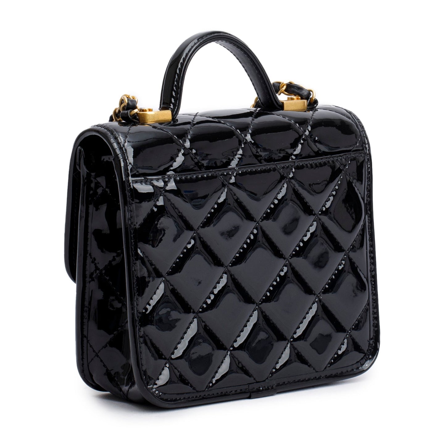 Chanel Black Patent Leather Quilted Mini School Memory Top Handle Bag