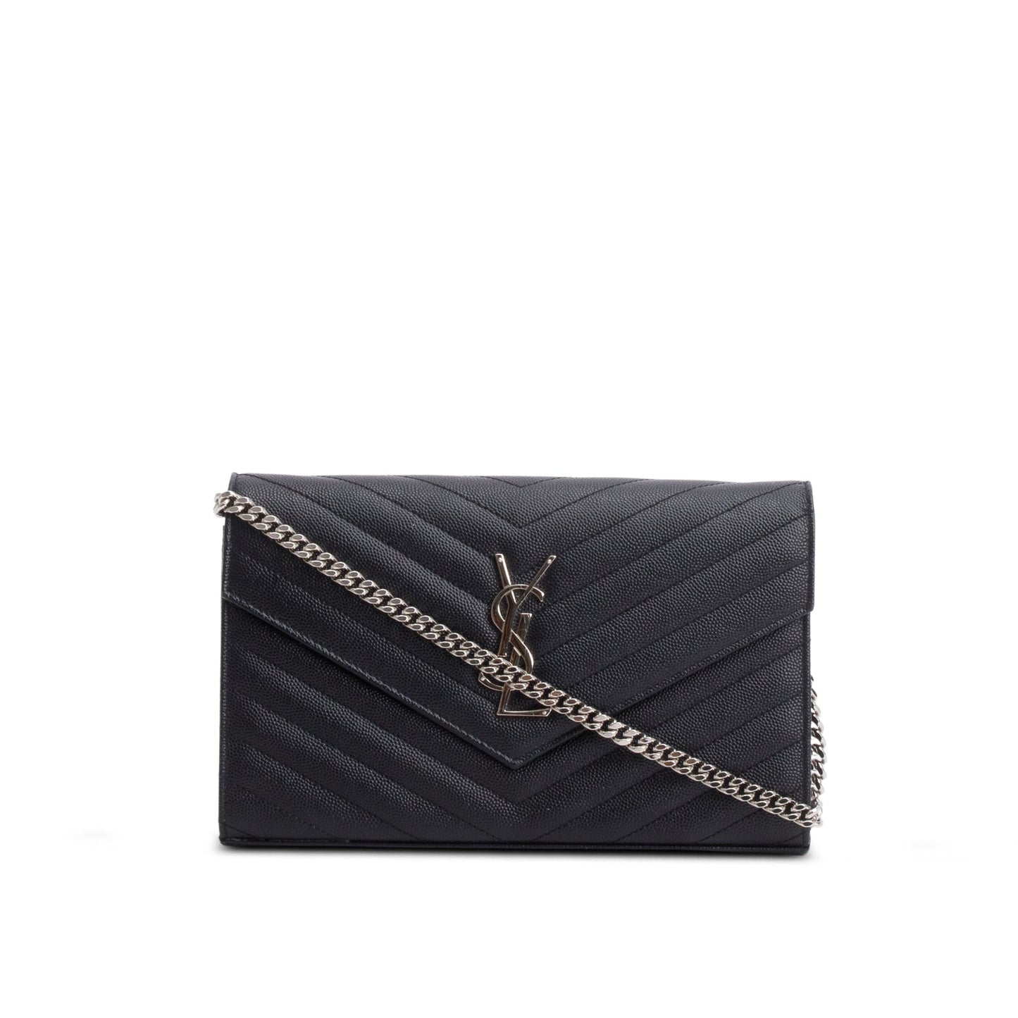 Saint Laurent Black Grain De Poudre Leather Envelope Chain Wallet