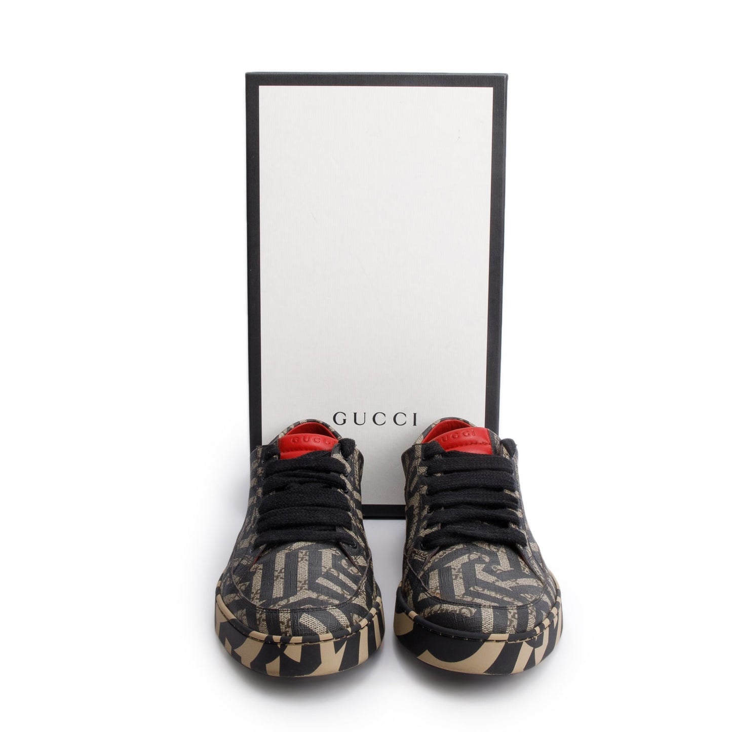 Gucci Black/Brown GG Supreme Monogram Caleido Low Top Sneakers, Men's Size 11