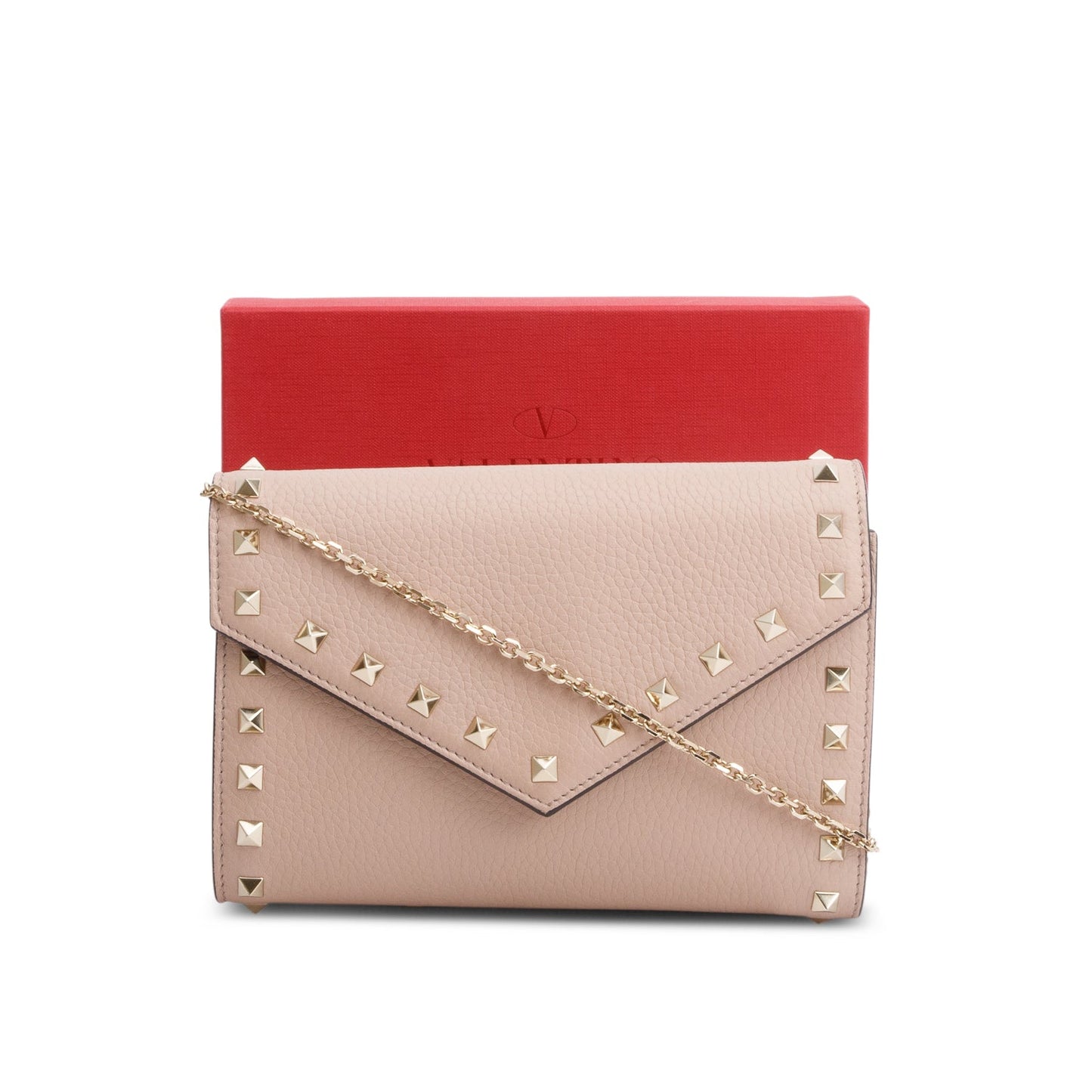 Valentino Pink Pebbled Calfskin Rockstud Envelope Wallet on Chain