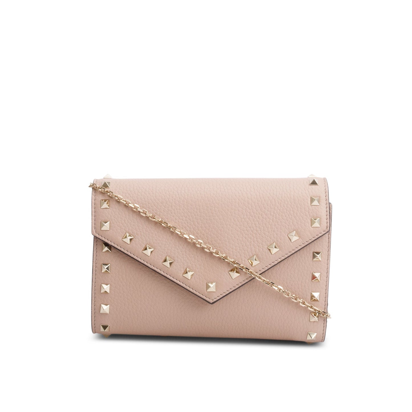 Valentino Pink Pebbled Calfskin Rockstud Envelope Wallet on Chain