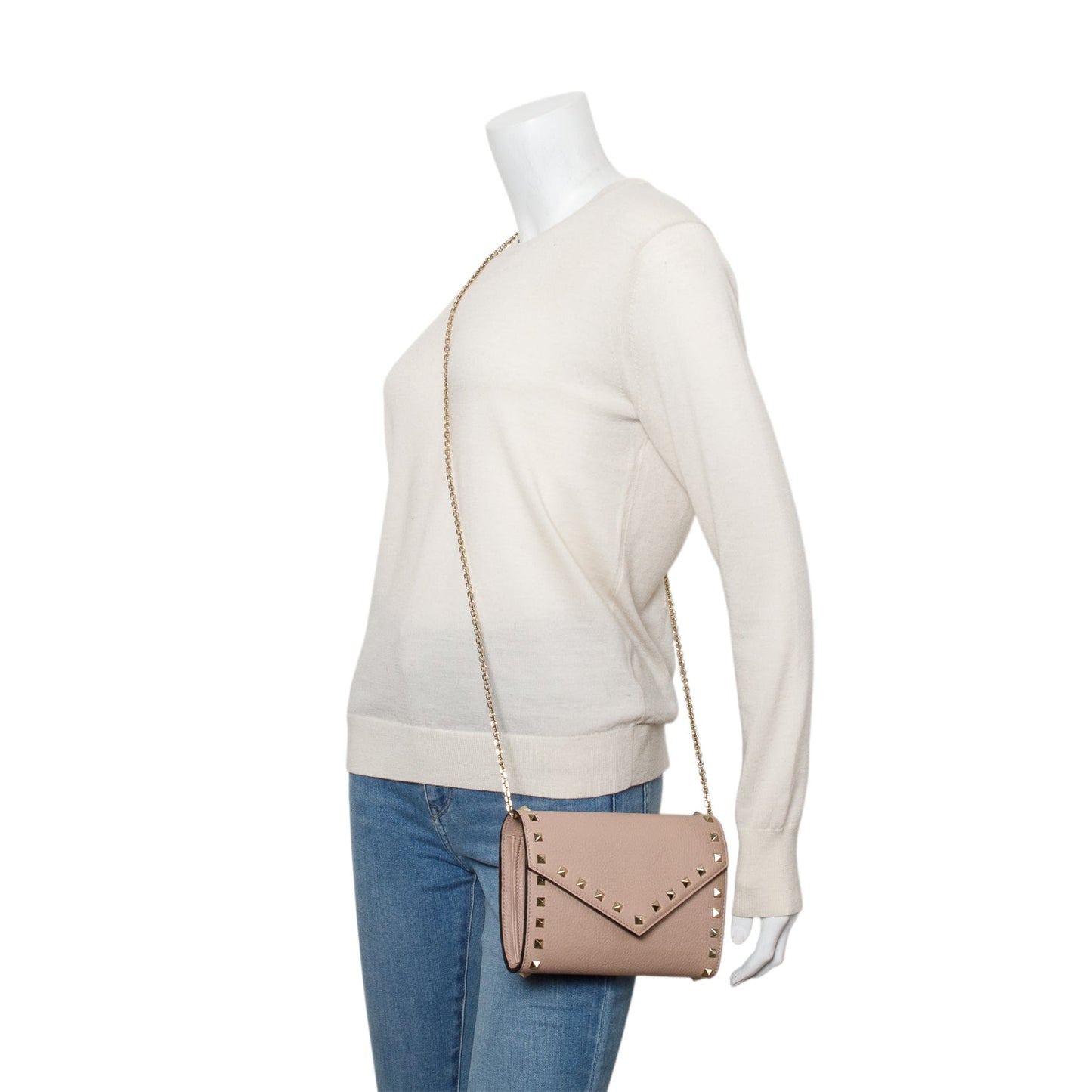 Valentino Pink Pebbled Calfskin Rockstud Envelope Wallet on Chain