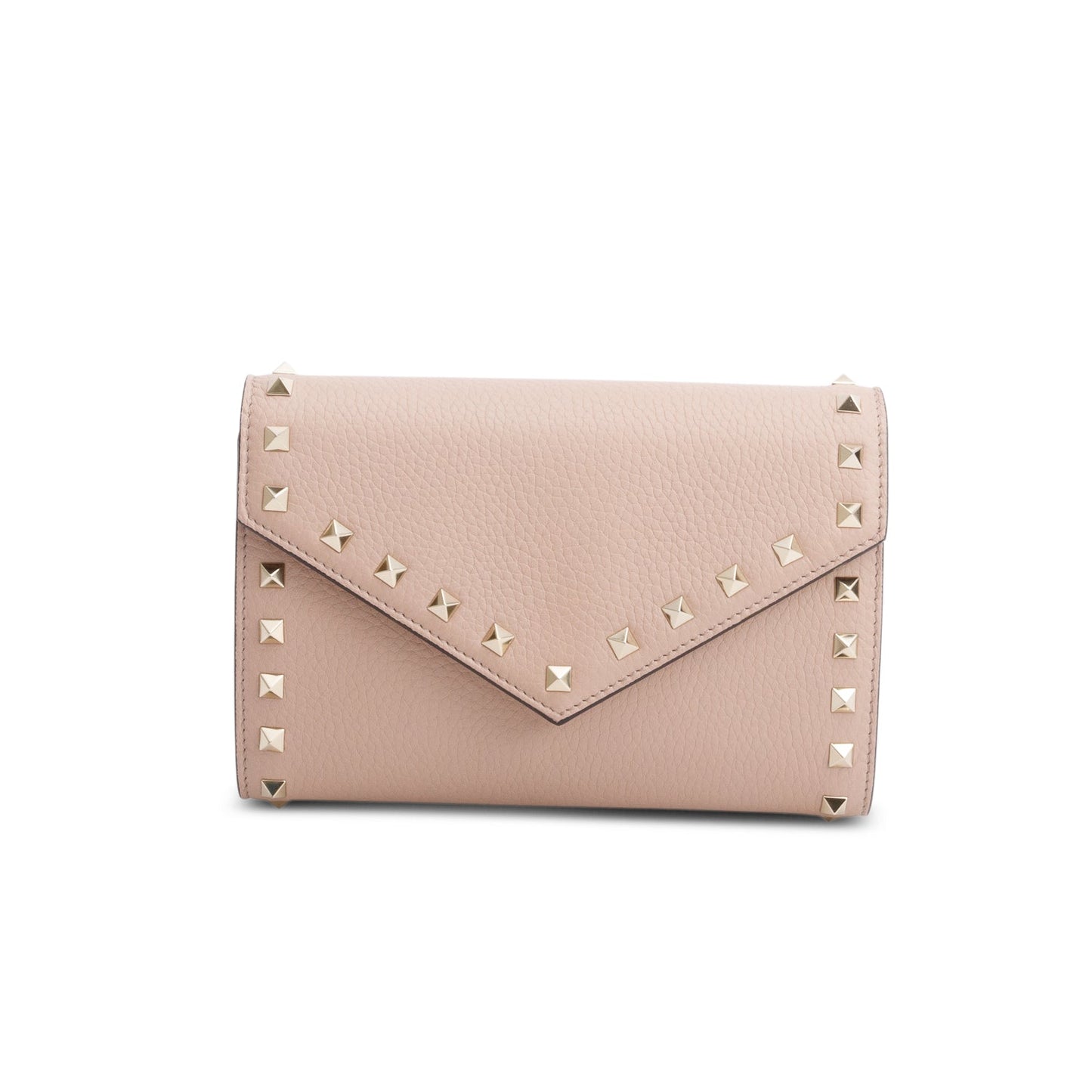 Valentino Pink Pebbled Calfskin Rockstud Envelope Wallet on Chain