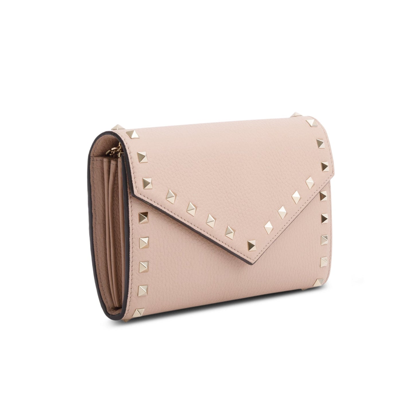 Valentino Pink Pebbled Calfskin Rockstud Envelope Wallet on Chain