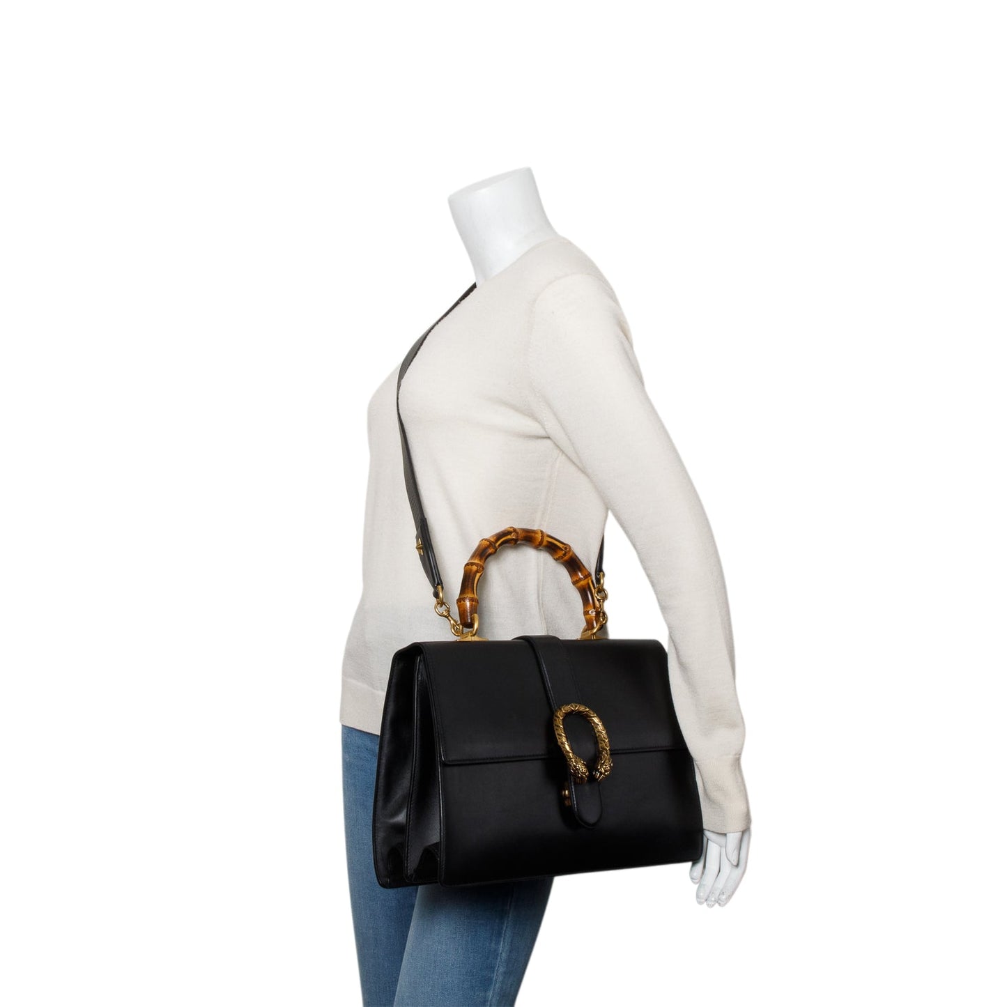 Gucci Black Calfskin Leather Large Dionysus Bamboo Top Handle Bag