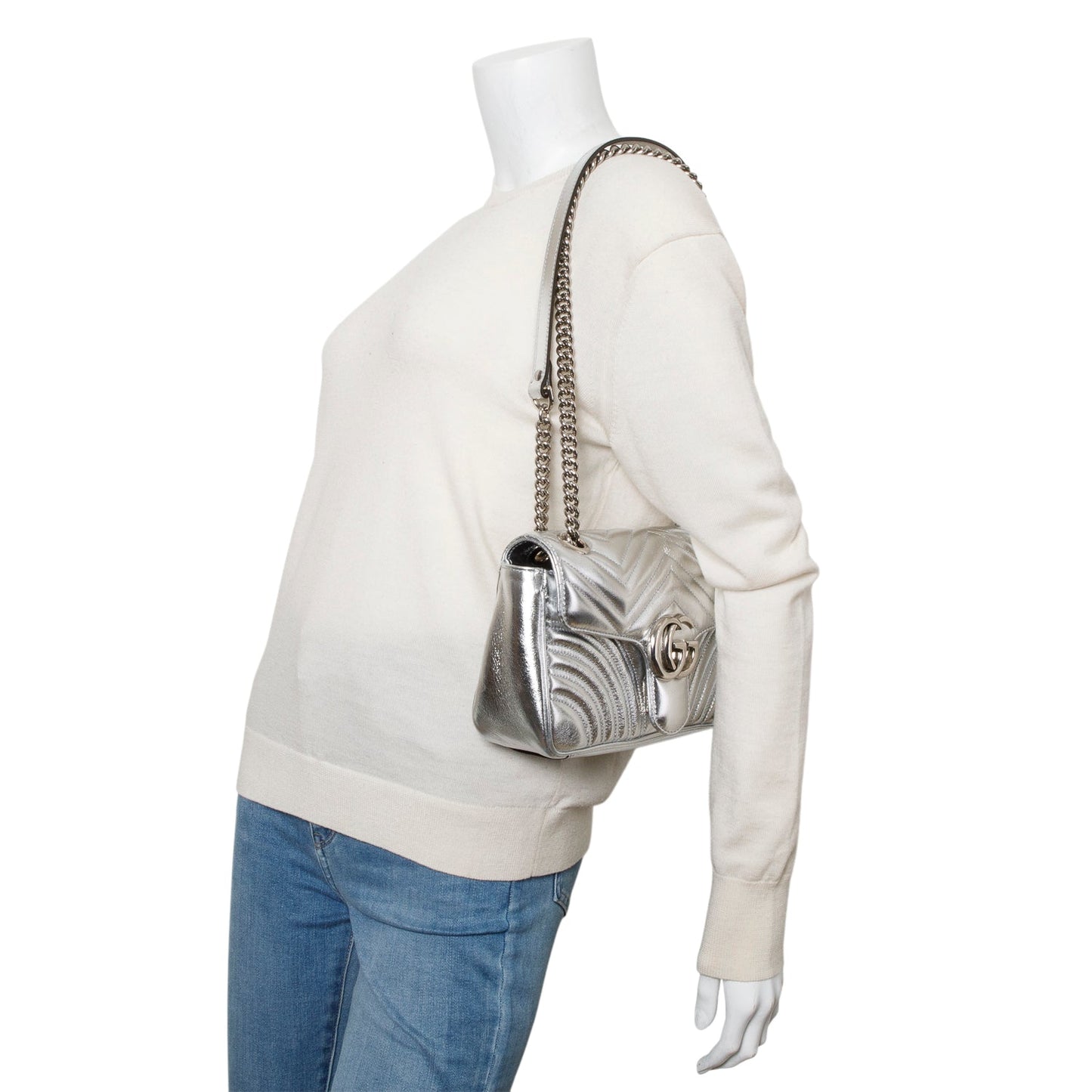 Gucci Silver Matelasse Medium GG Marmont Shoulder Bag