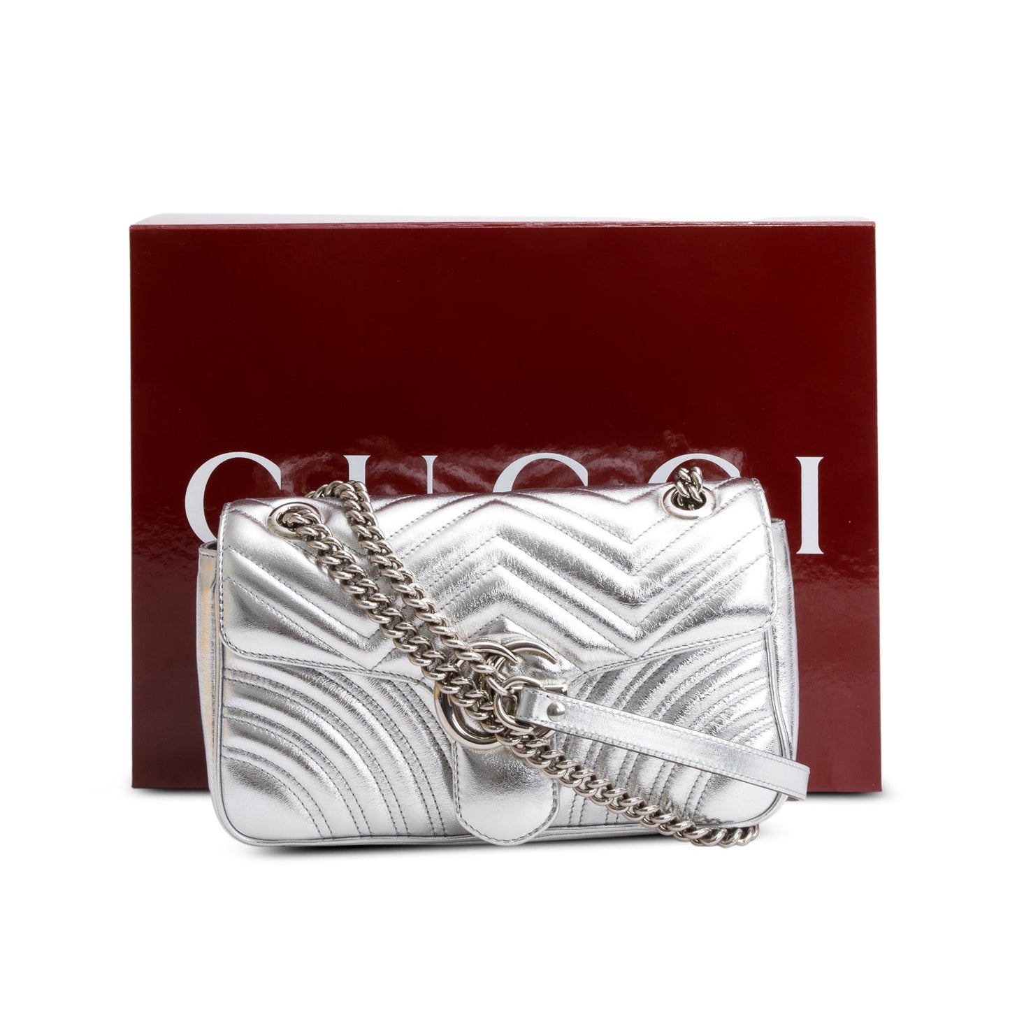 Gucci Silver Matelasse Medium GG Marmont Shoulder Bag